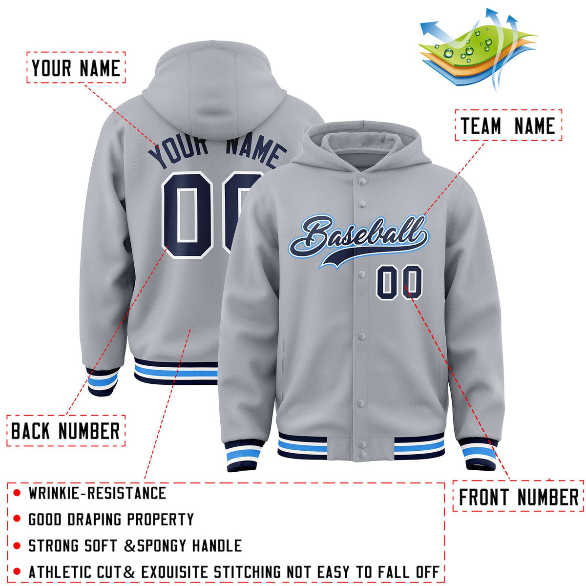 Custom Gray Navy-White Varsity Full-Snap Letterman Classic Jacket Hoodie| KXKSHOP