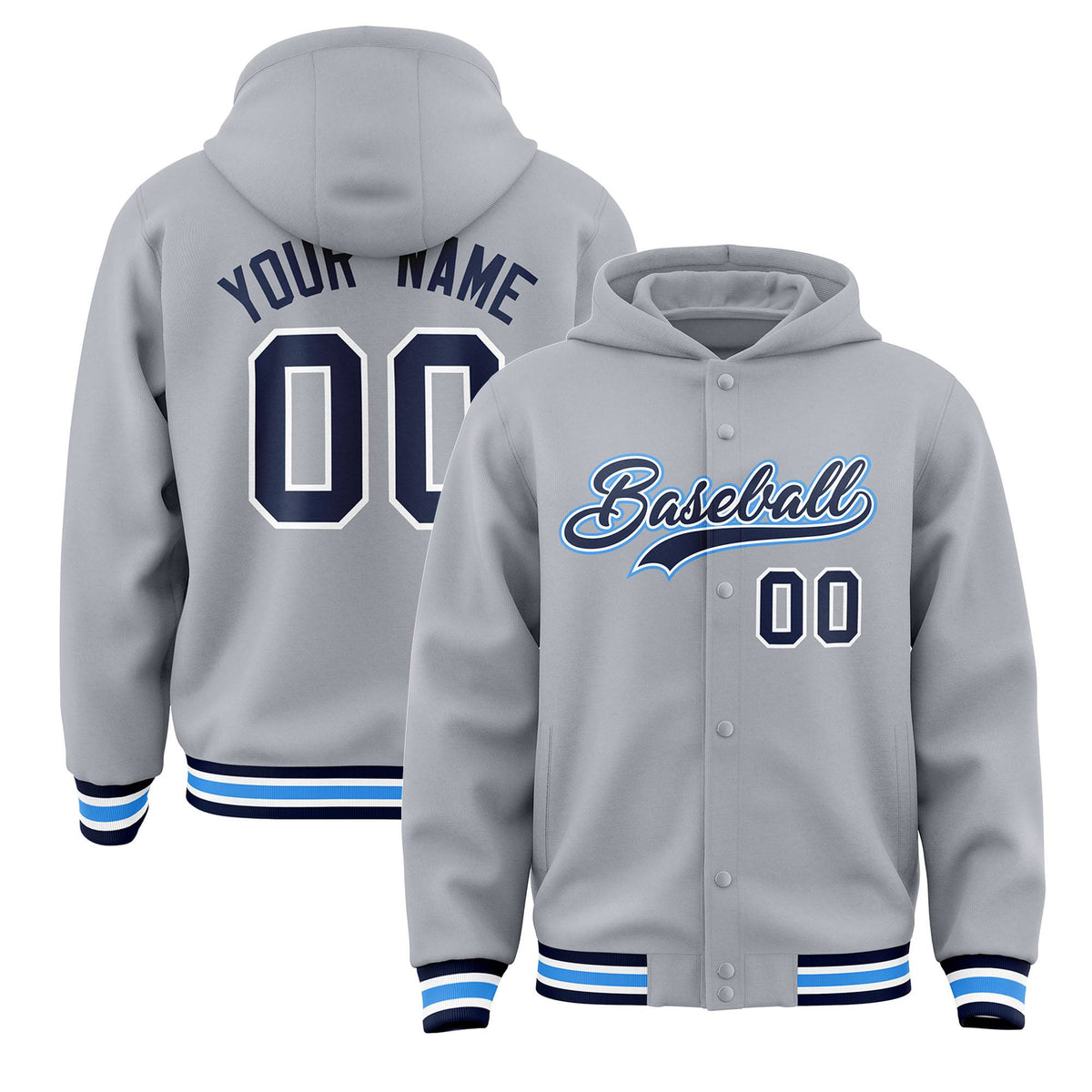 Custom Gray Navy-White Varsity Full-Snap Letterman Classic Jacket Hoodie| KXKSHOP