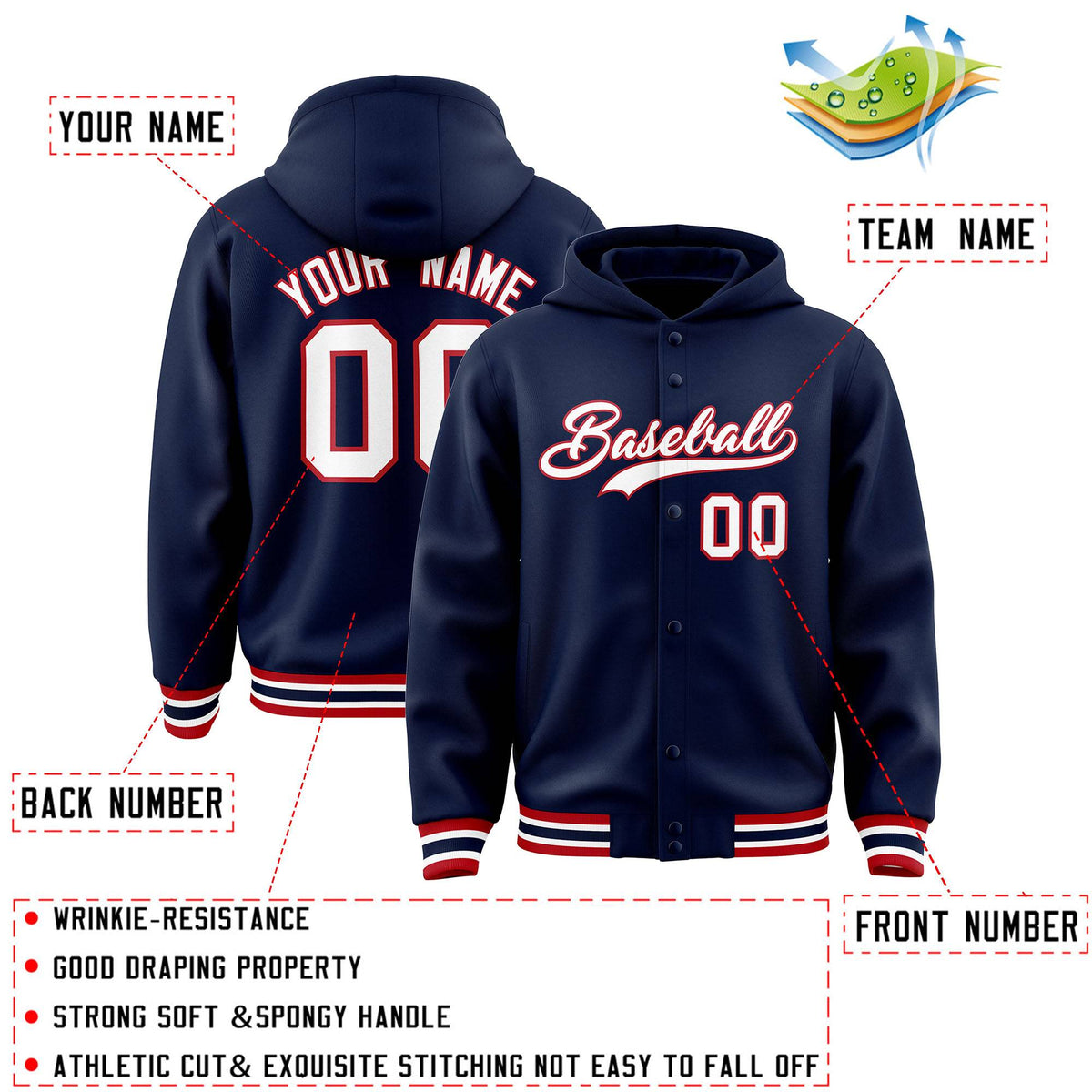 Custom Navy White-Red Varsity Full-Snap Letterman Classic Jacket Hoodie| KXKSHOP