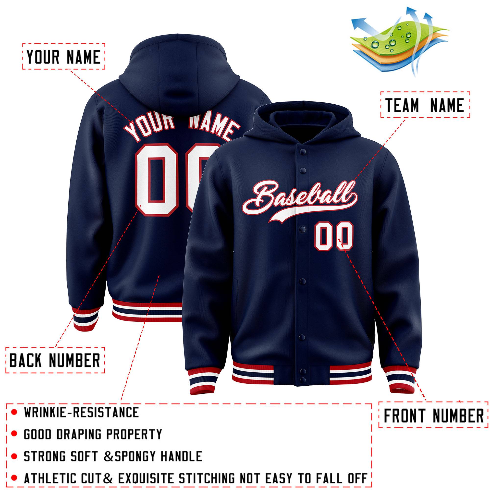 Custom Navy White-Red Varsity Full-Snap Letterman Classic Jacket Hoodie| KXKSHOP
