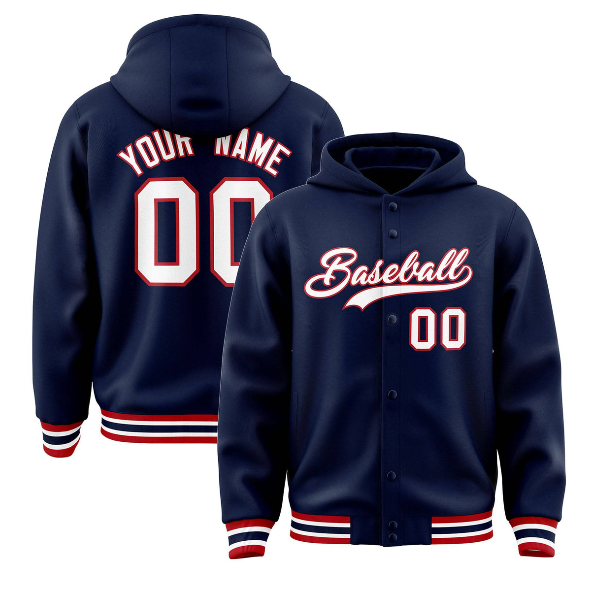 Custom Navy White-Red Varsity Full-Snap Letterman Classic Jacket Hoodie| KXKSHOP