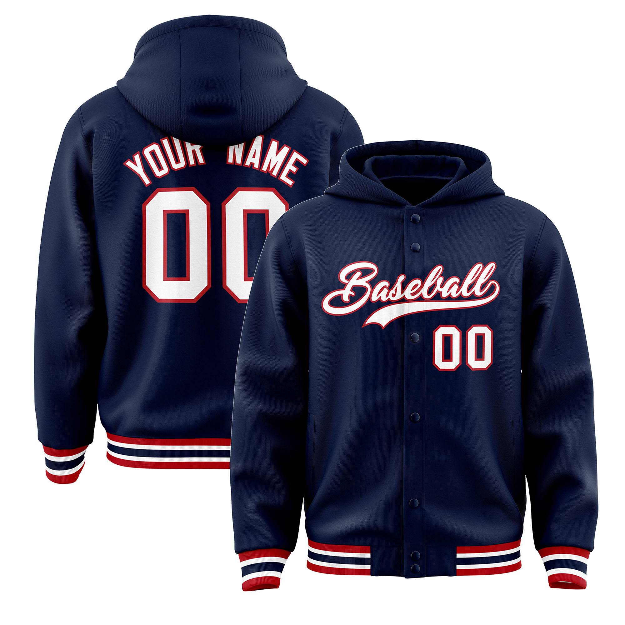 Custom Navy White-Red Varsity Full-Snap Letterman Classic Jacket Hoodie| KXKSHOP