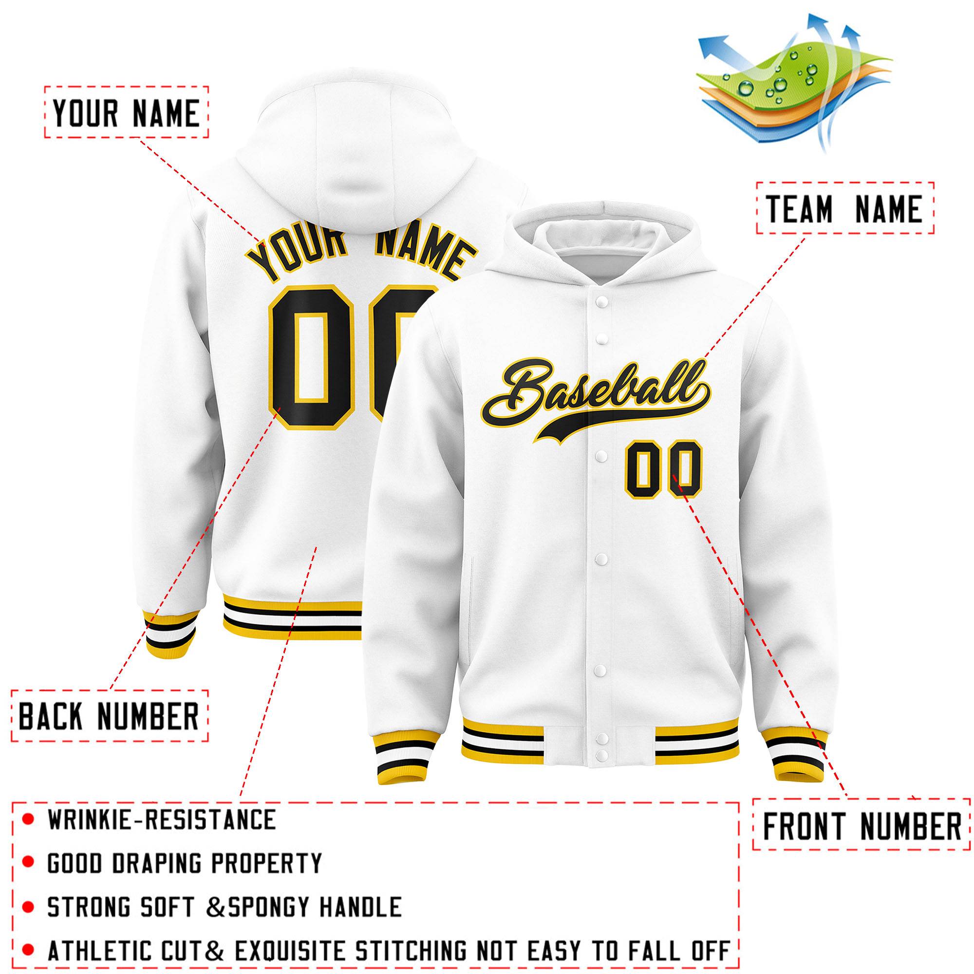 Custom White Black-Gold Varsity Full-Snap Letterman Classic Jacket Hoodie| KXKSHOP