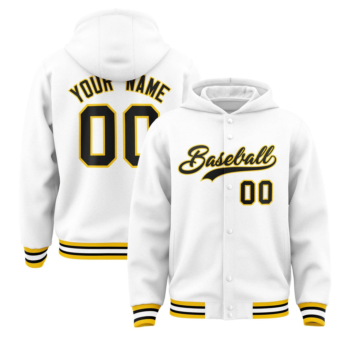 Custom White Black-Gold Varsity Full-Snap Letterman Classic Jacket Hoodie| KXKSHOP