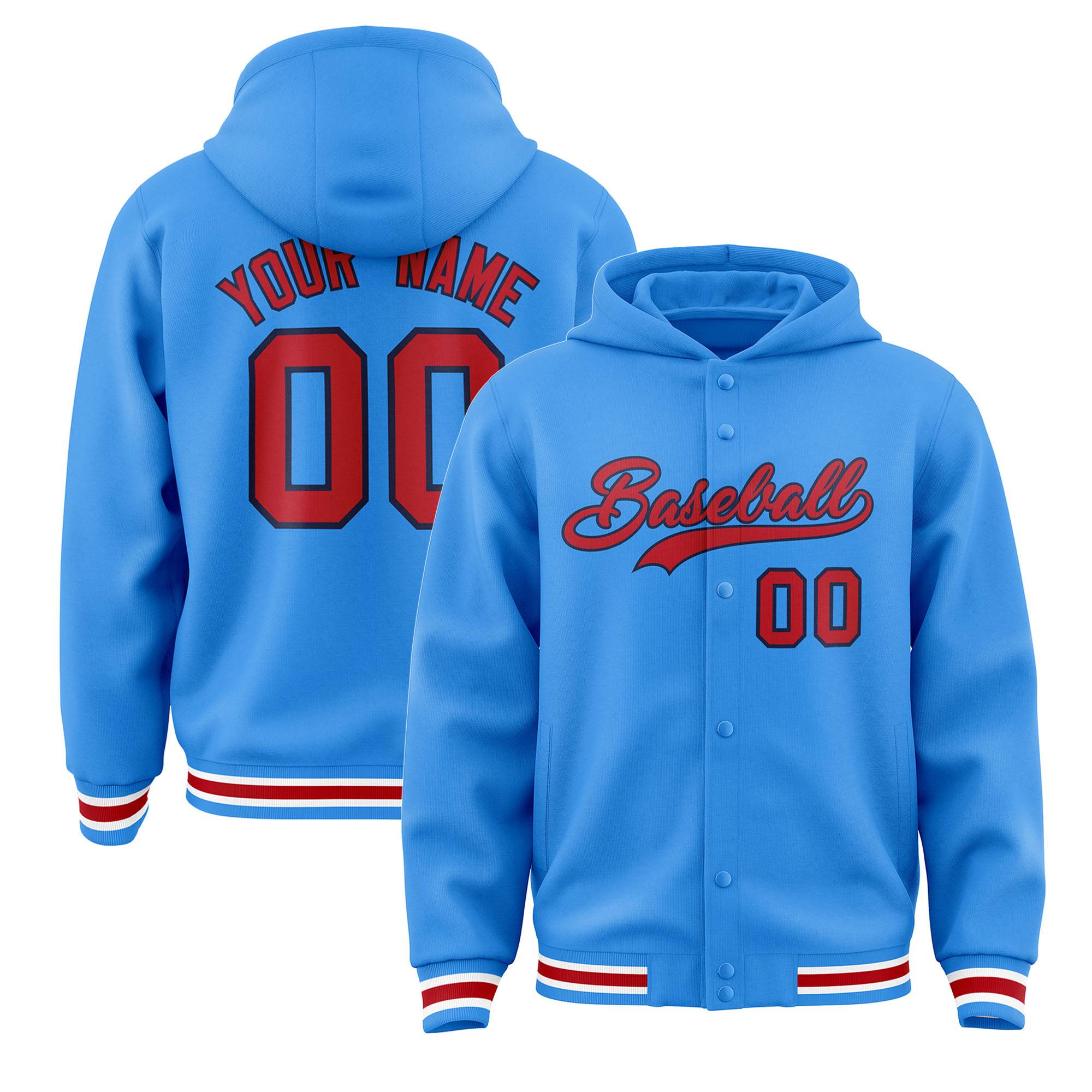 Custom Powder Blue Red-Navy Varsity Full-Snap Letterman Classic Jacket Hoodie| KXKSHOP