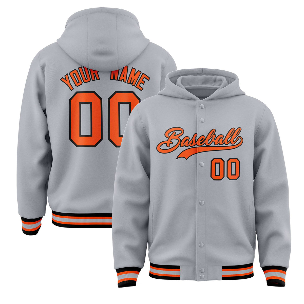 Custom Gray Orange-Black Varsity Full-Snap Letterman Classic Jacket Hoodie| KXKSHOP