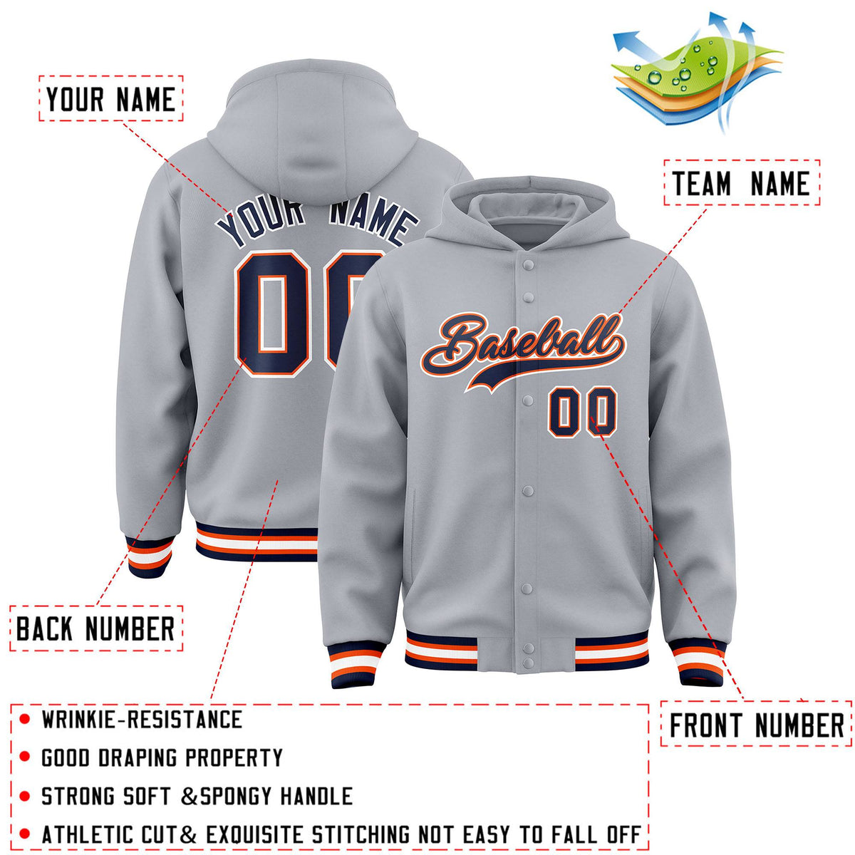 Custom Gray Navy-Orange Varsity Full-Snap Letterman Classic Jacket Hoodie| KXKSHOP