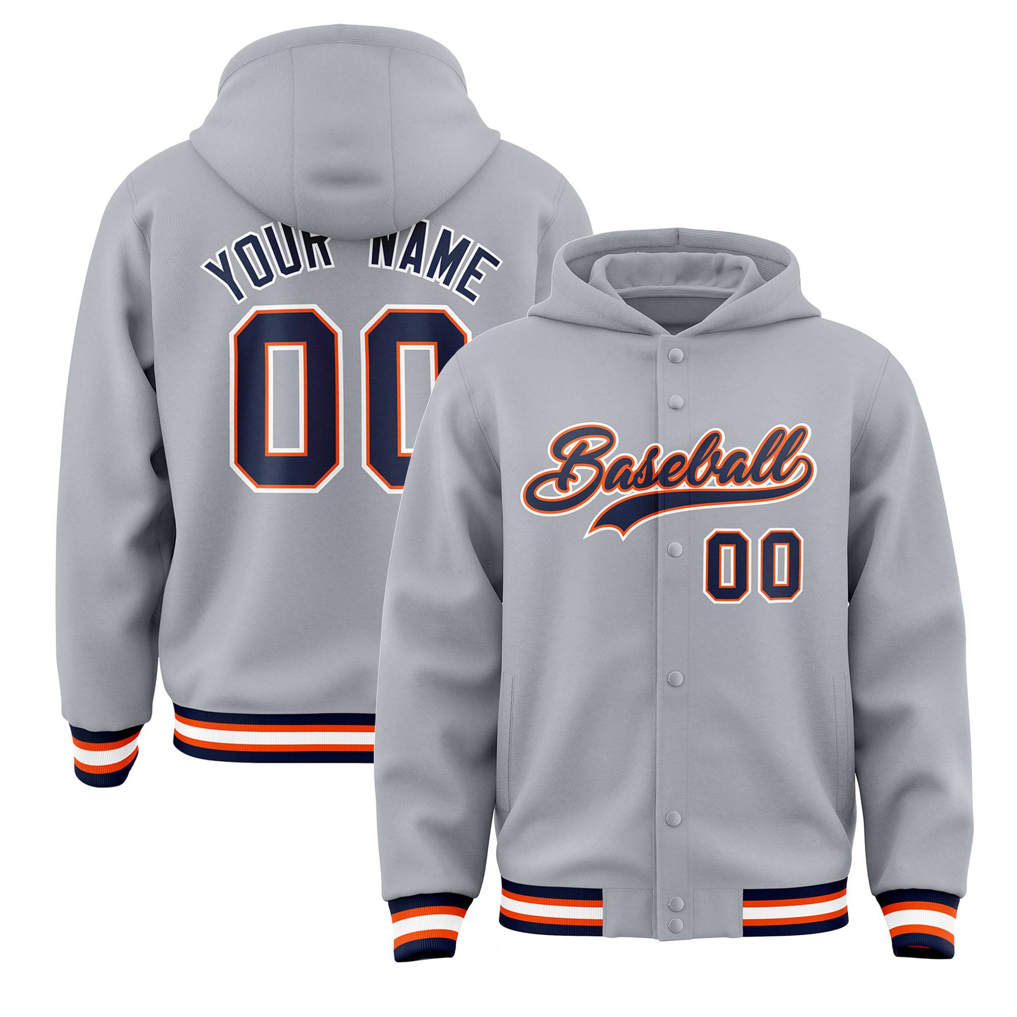 Custom Gray Navy-Orange Varsity Full-Snap Letterman Classic Jacket Hoodie| KXKSHOP