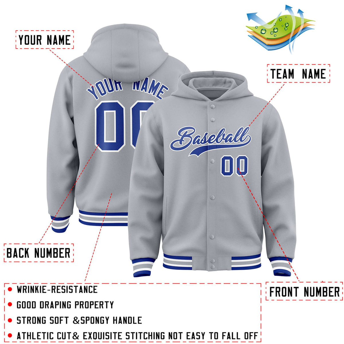 Custom Gray Royal-White Varsity Full-Snap Letterman Classic Jacket Hoodie| KXKSHOP