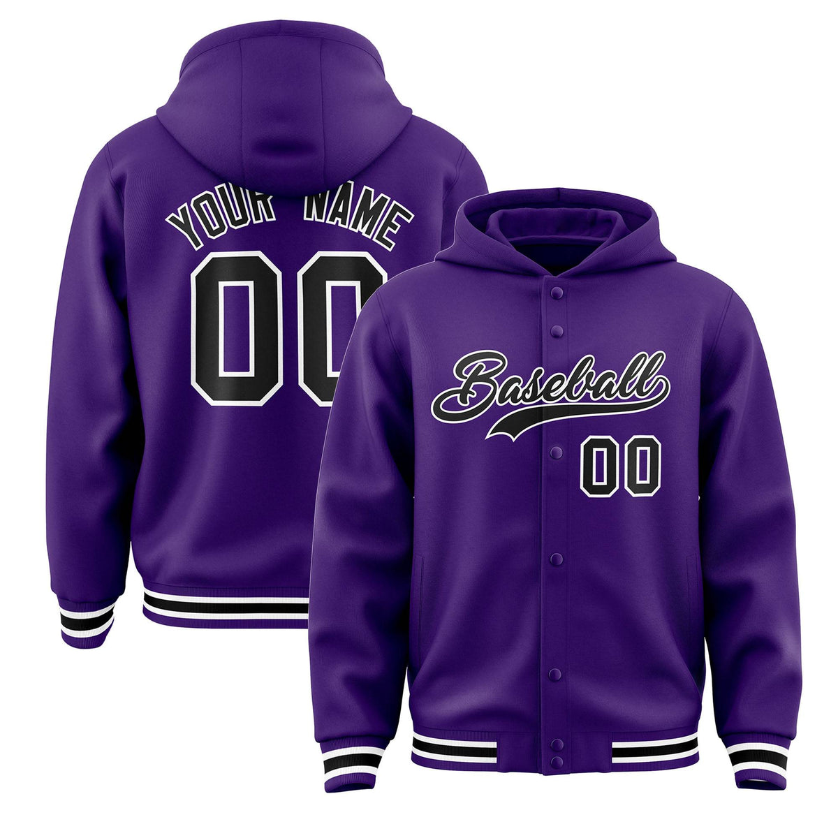 Custom Purple Black-White Varsity Full-Snap Letterman Classic Jacket Hoodie| KXKSHOP