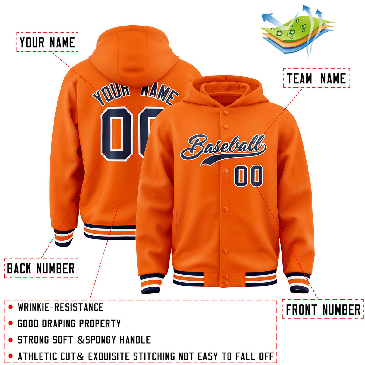 Custom Orange Navy-White Varsity Full-Snap Letterman Classic Jacket Hoodie| KXKSHOP