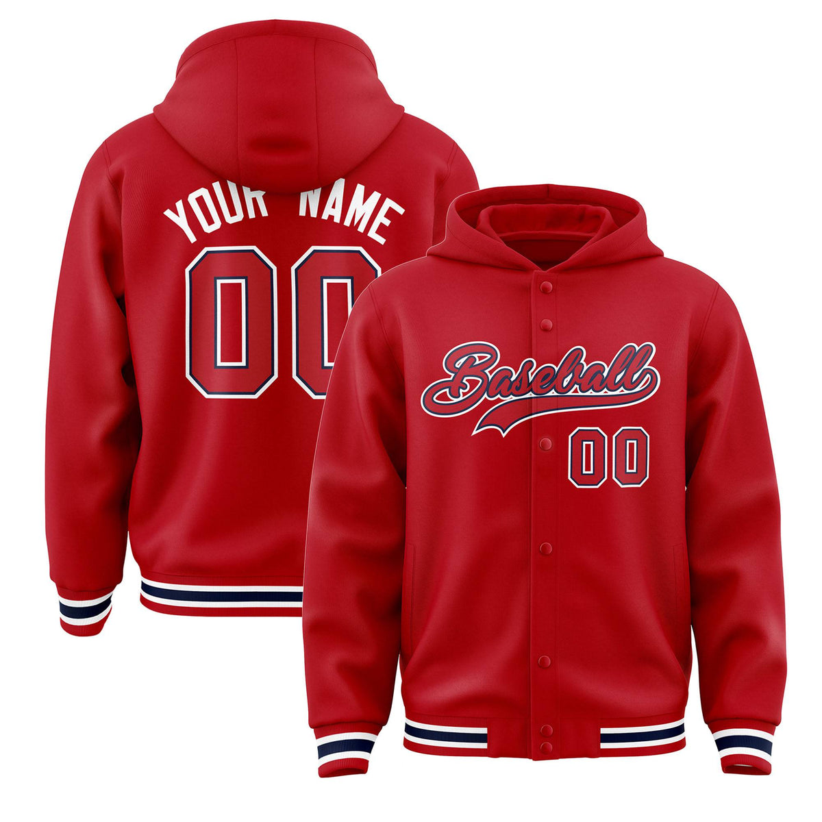 Custom Red Red-Navy Varsity Full-Snap Letterman Classic Jacket Hoodie| KXKSHOP