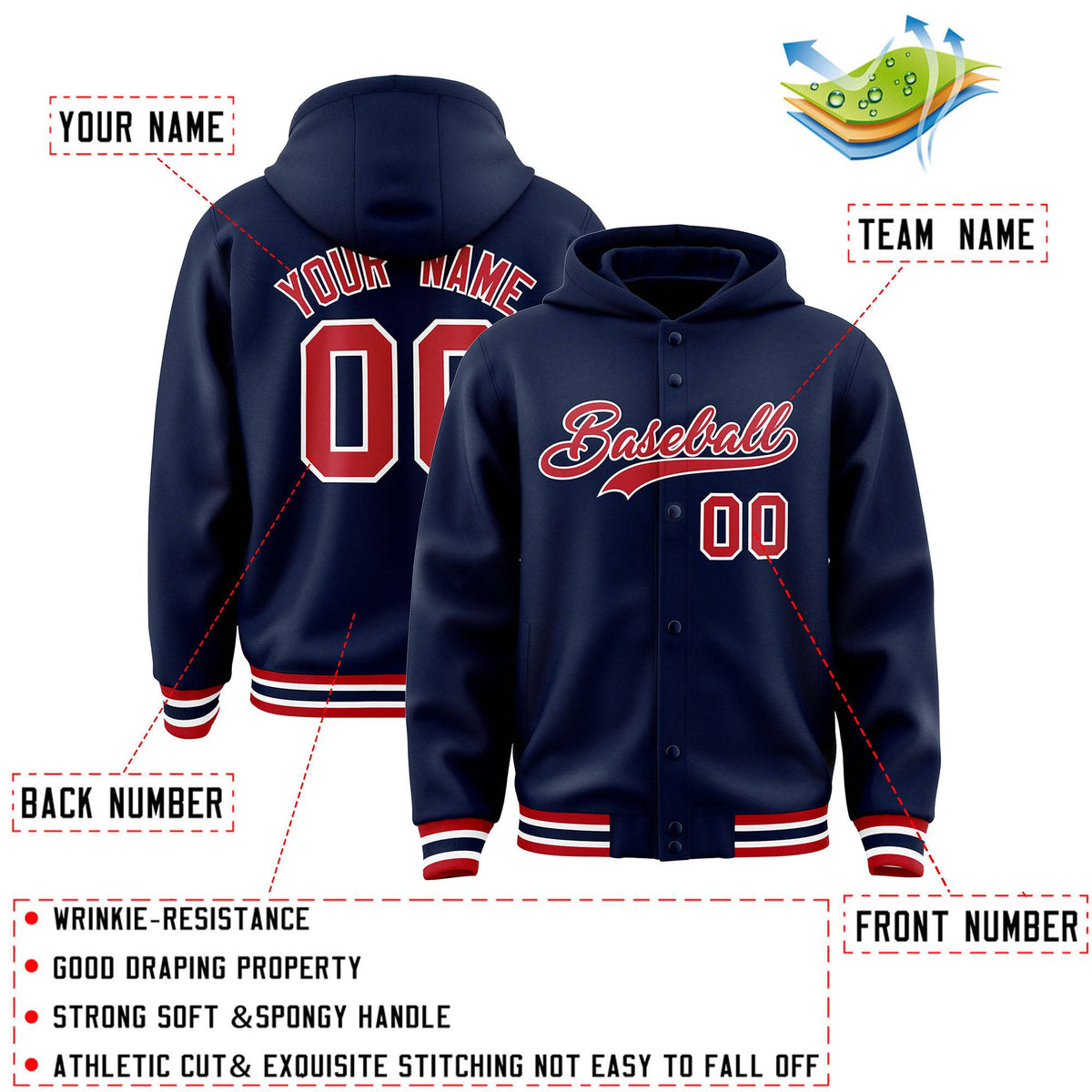 Custom Navy Red-White Varsity Full-Snap Letterman Classic Jacket Hoodie| KXKSHOP