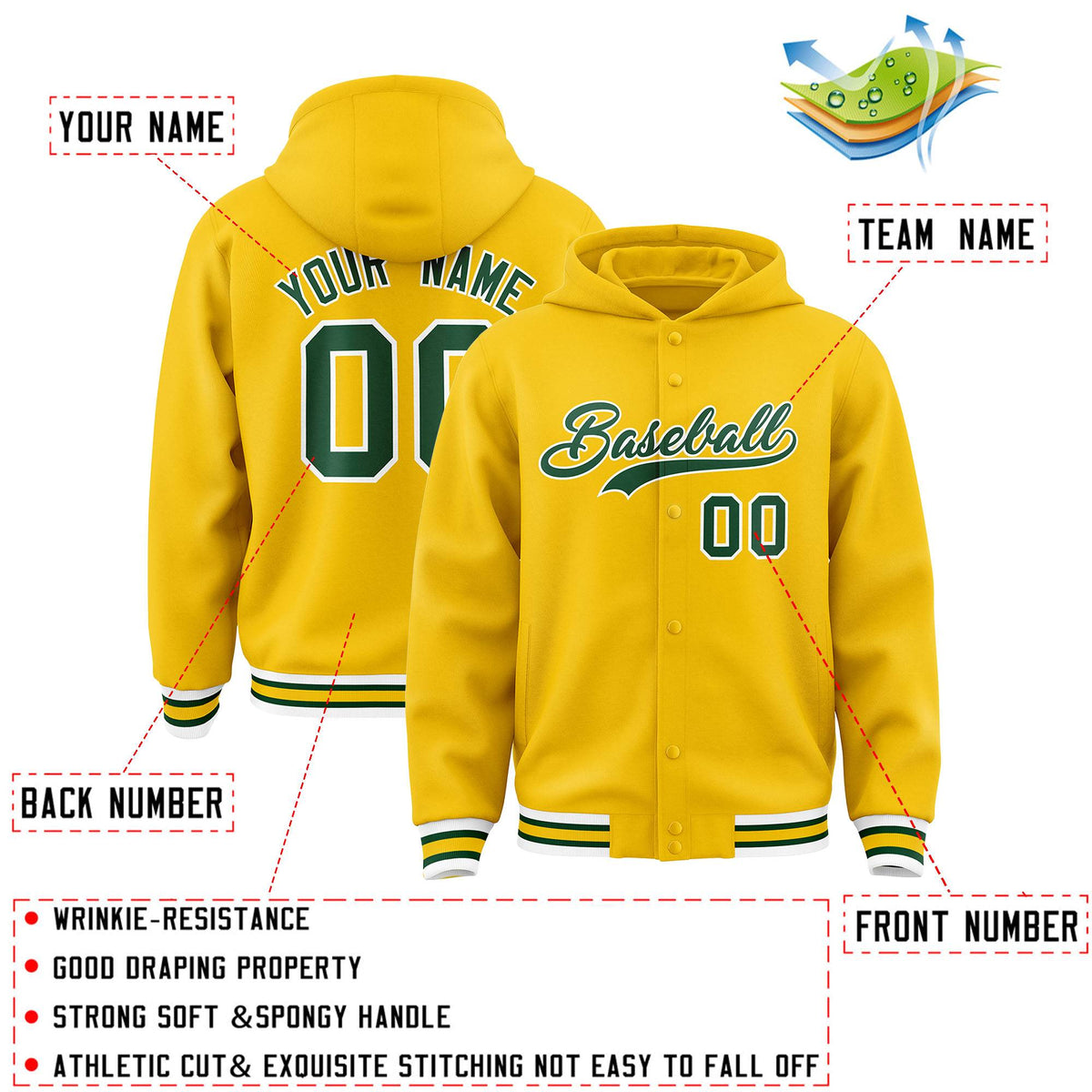 Custom Gold Green-White Varsity Full-Snap Letterman Classic Jacket Hoodie| KXKSHOP