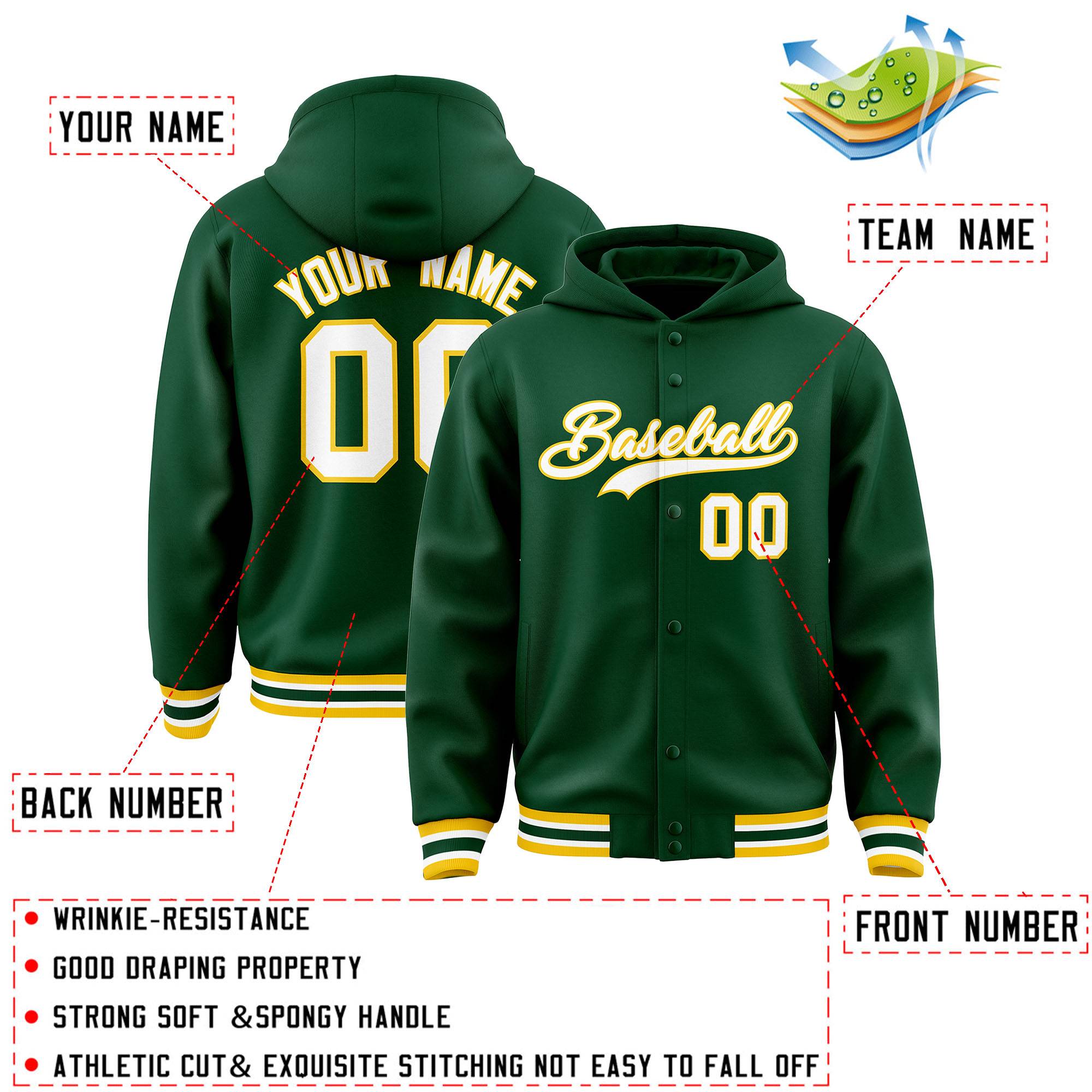 Custom Green White-Gold Varsity Full-Snap Letterman Classic Jacket Hoodie| KXKSHOP