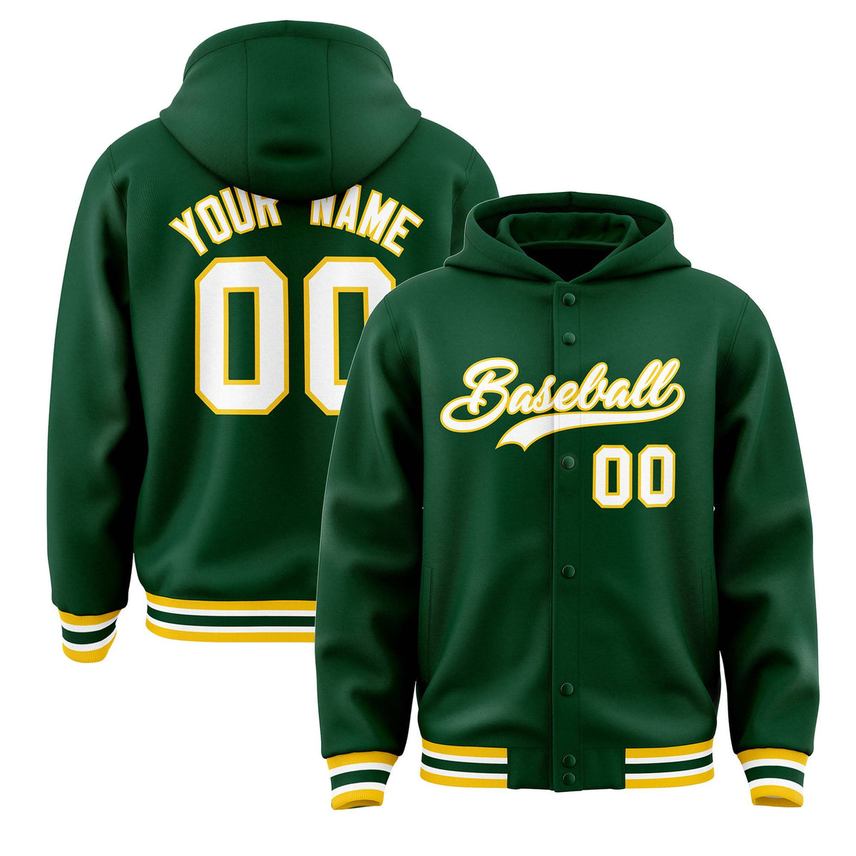 Custom Green White-Gold Varsity Full-Snap Letterman Classic Jacket Hoodie| KXKSHOP