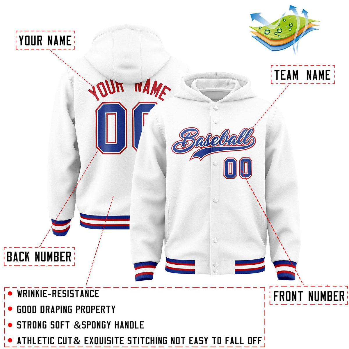 Custom White Royal-White Varsity Full-Snap Letterman Classic Jacket Hoodie| KXKSHOP