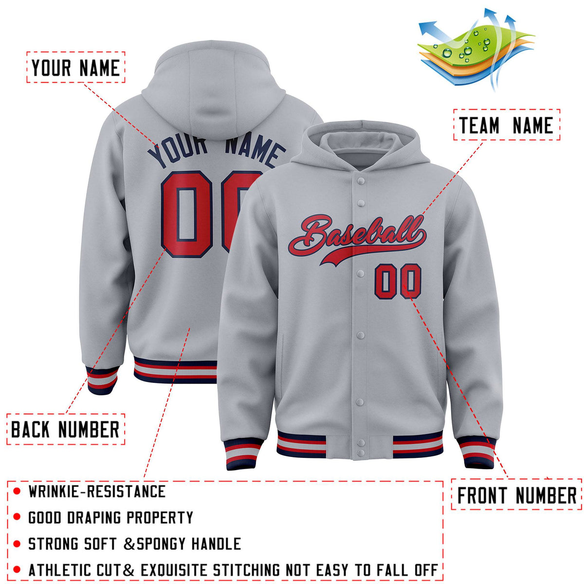 Custom Gray Red-Navy Varsity Full-Snap Letterman Classic Jacket Hoodie| KXKSHOP