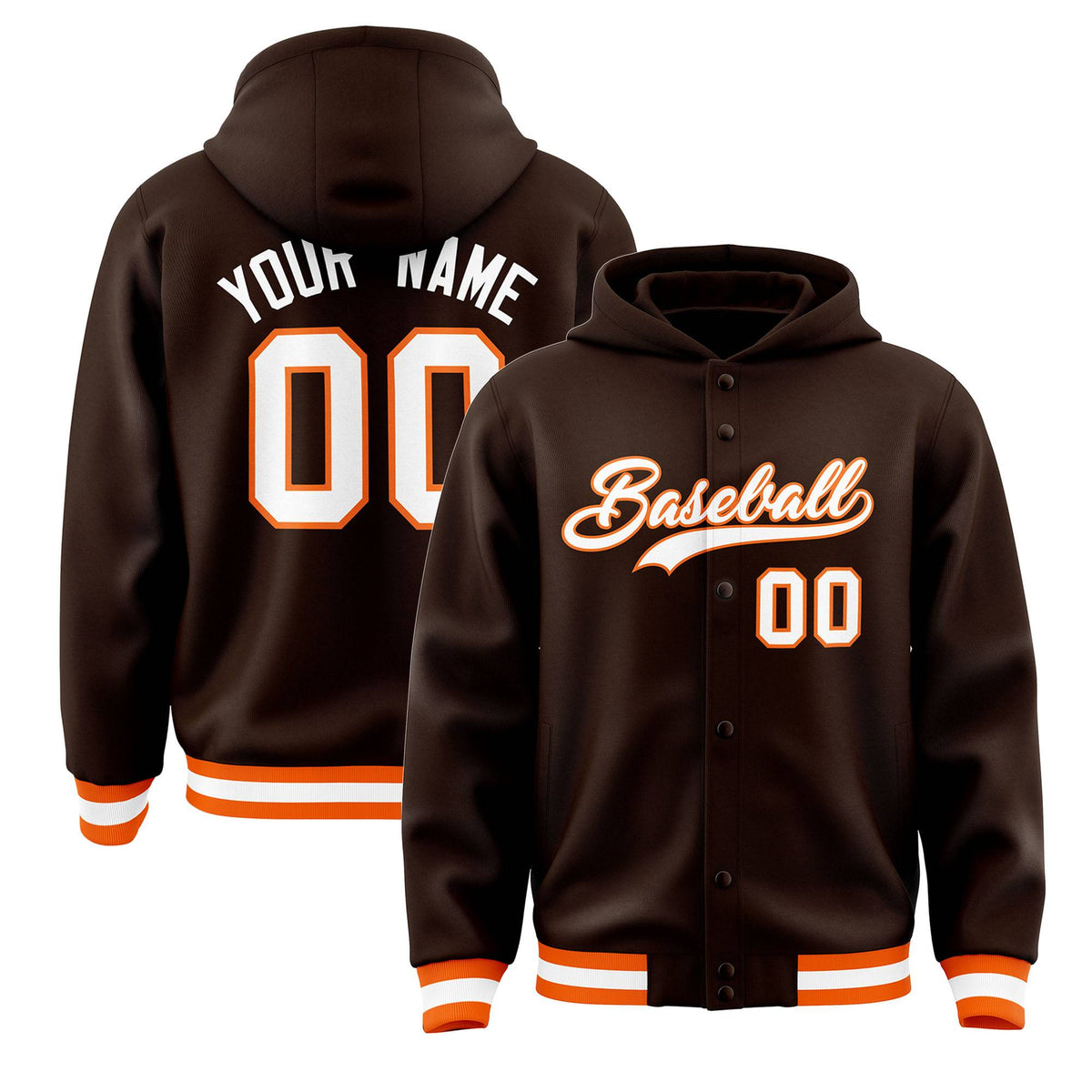 Custom Brown White-Orange Varsity Full-Snap Letterman Classic Jacket Hoodie| KXKSHOP