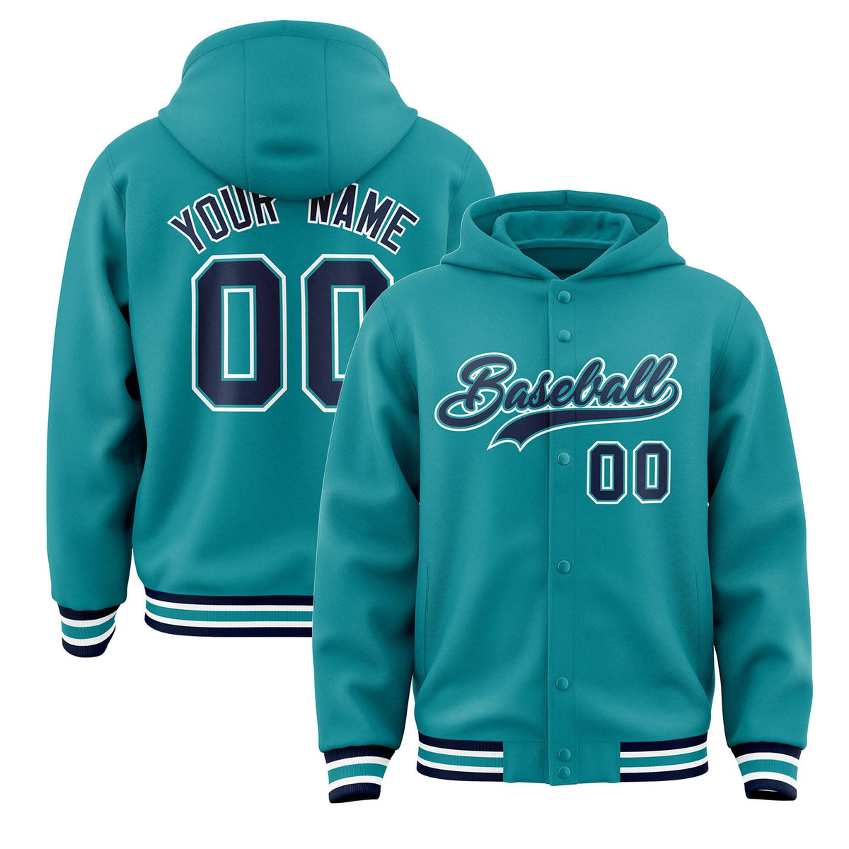 Custom Aqua Black-Aqua Varsity Full-Snap Letterman Classic Jacket Hoodie| KXKSHOP