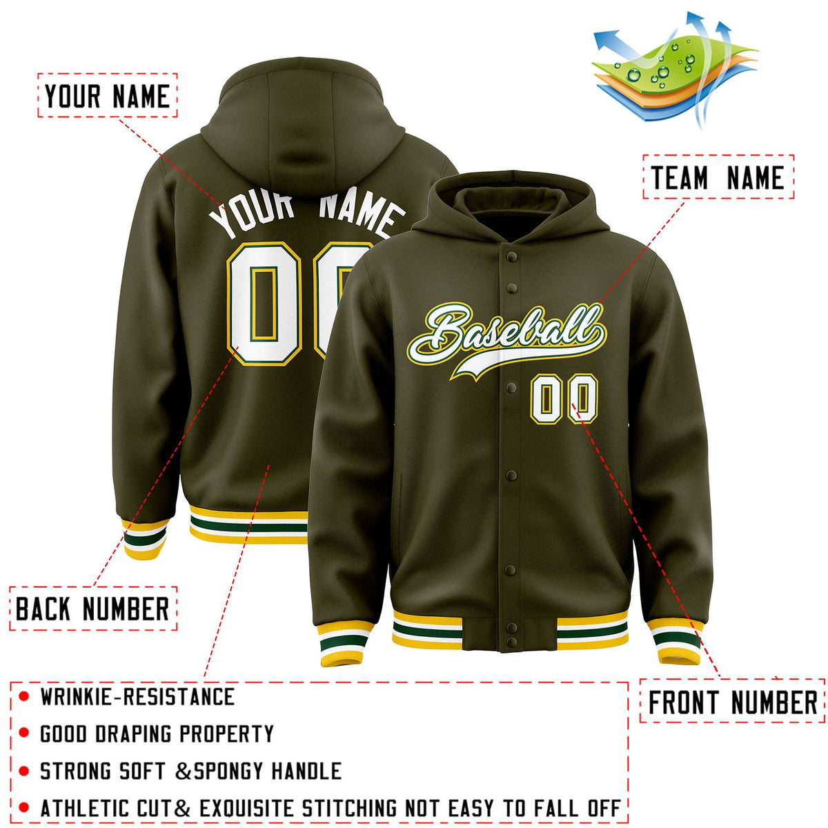 Custom Olive White-Green Varsity Full-Snap Letterman Classic Jacket Hoodie| KXKSHOP