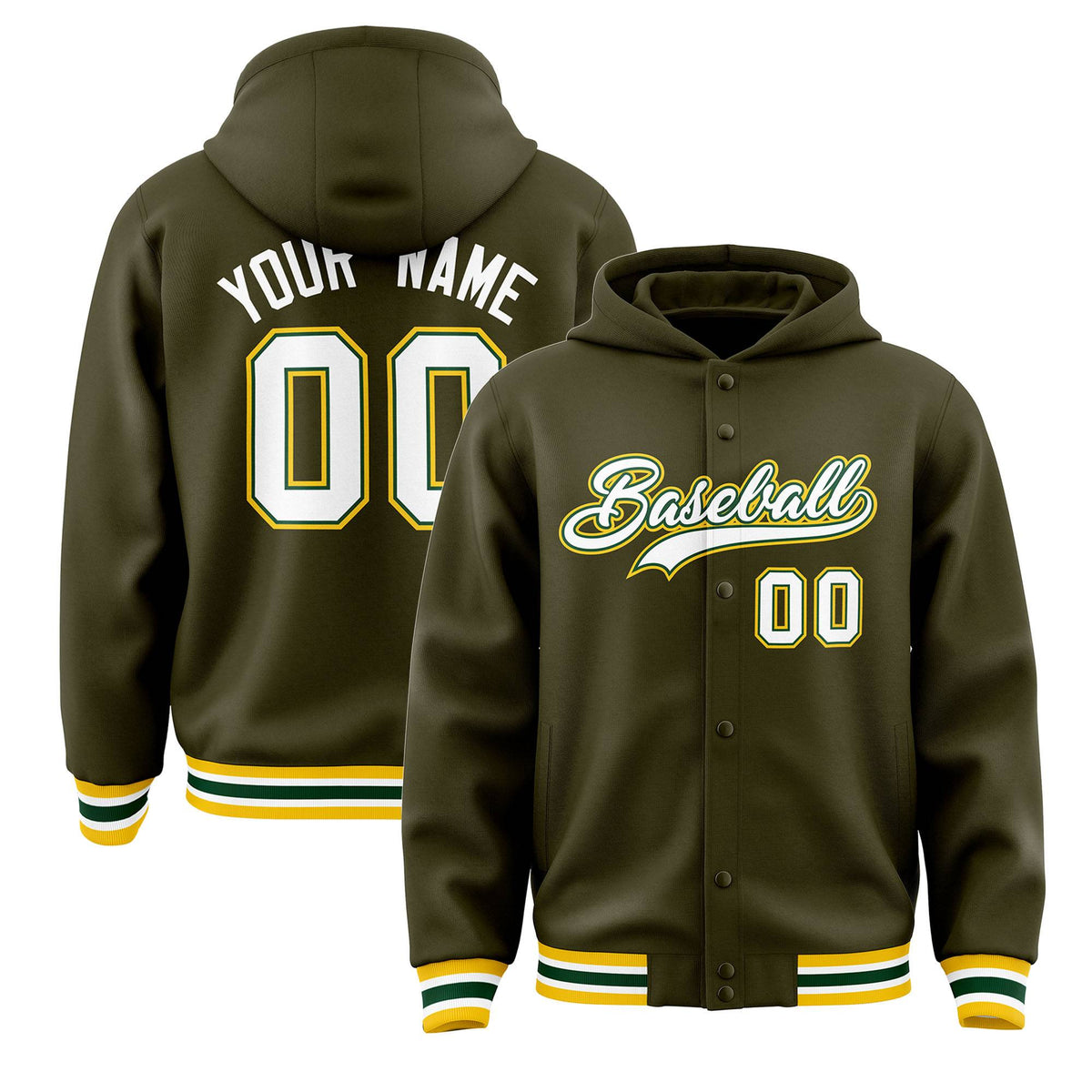 Custom Olive White-Green Varsity Full-Snap Letterman Classic Jacket Hoodie| KXKSHOP
