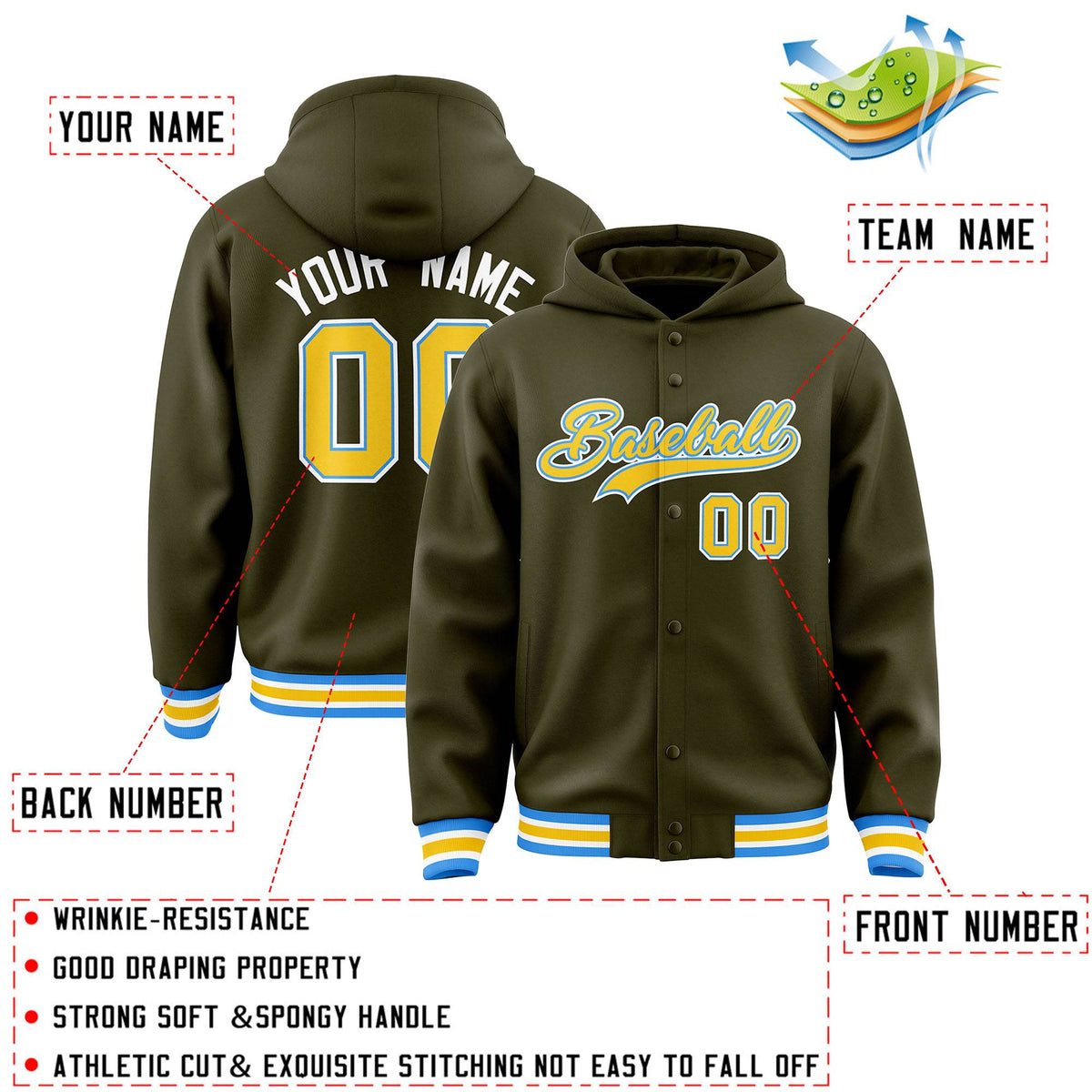 Custom Olive Gold-Powder Blue Varsity Full-Snap Letterman Classic Jacket Hoodie| KXKSHOP