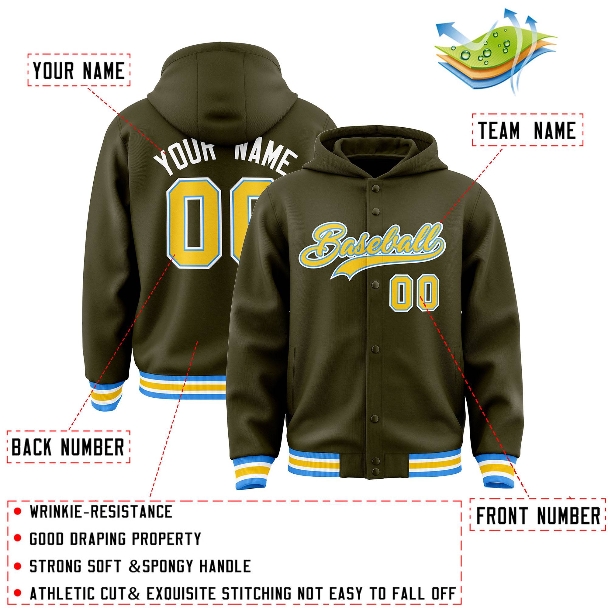 Custom Olive Gold-Powder Blue Varsity Full-Snap Letterman Classic Jacket Hoodie| KXKSHOP