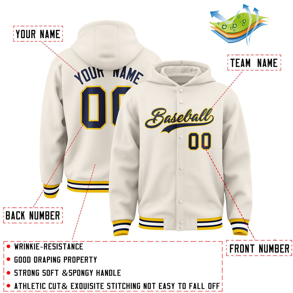 Custom Cream Navy-Gold Varsity Full-Snap Letterman Classic Jacket Hoodie| KXKSHOP
