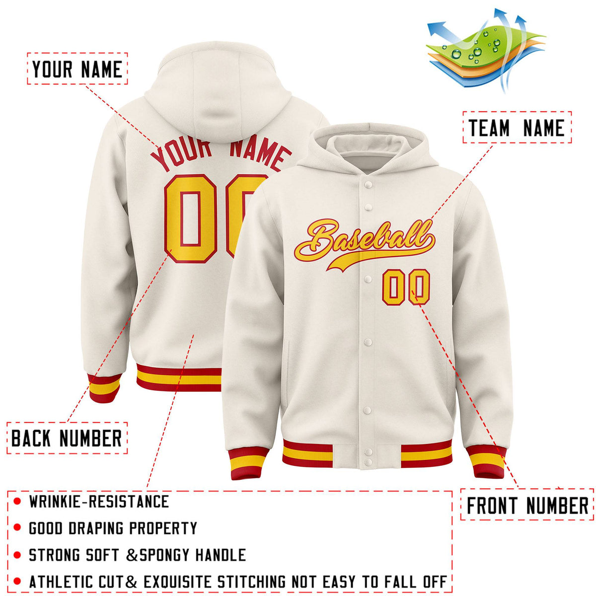 Custom Cream Gold-Red Varsity Full-Snap Letterman Classic Jacket Hoodie| KXKSHOP