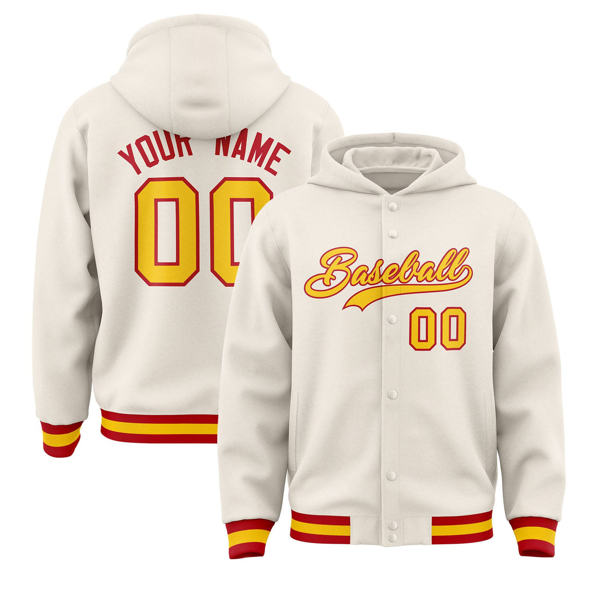 Custom Cream Gold-Red Varsity Full-Snap Letterman Classic Jacket Hoodie| KXKSHOP