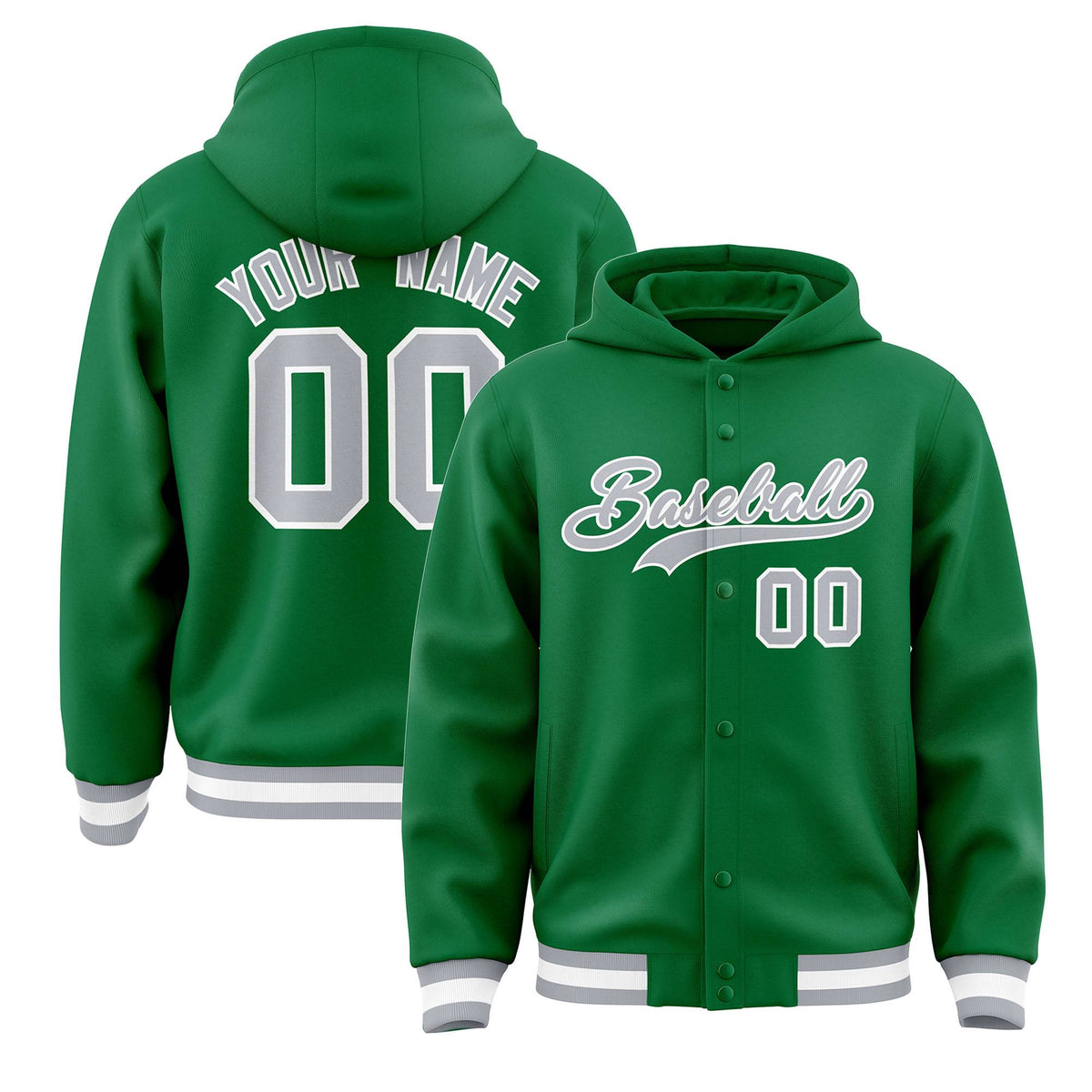Custom Kelly Green Gray-White Varsity Full-Snap Letterman Classic Jacket Hoodie| KXKSHOP