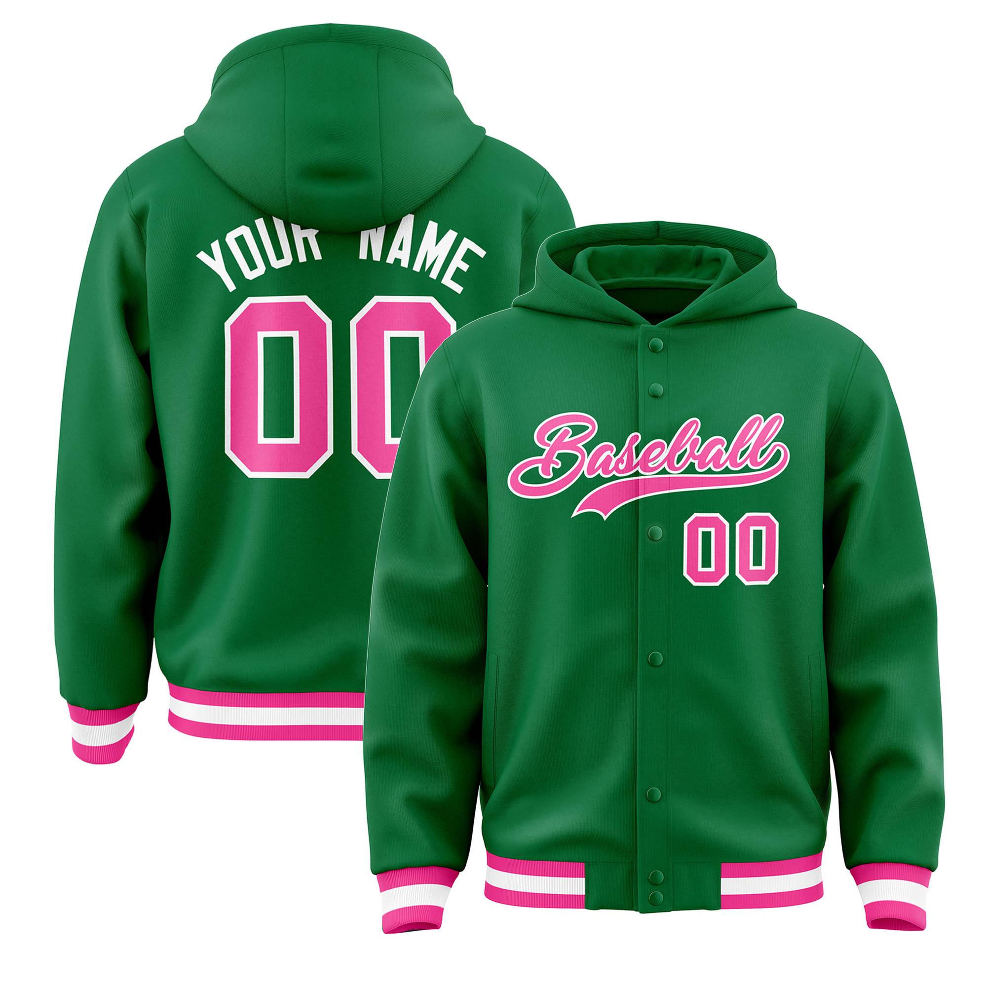 Custom Kelly Green Pink-White Varsity Full-Snap Letterman Classic Jacket Hoodie| KXKSHOP