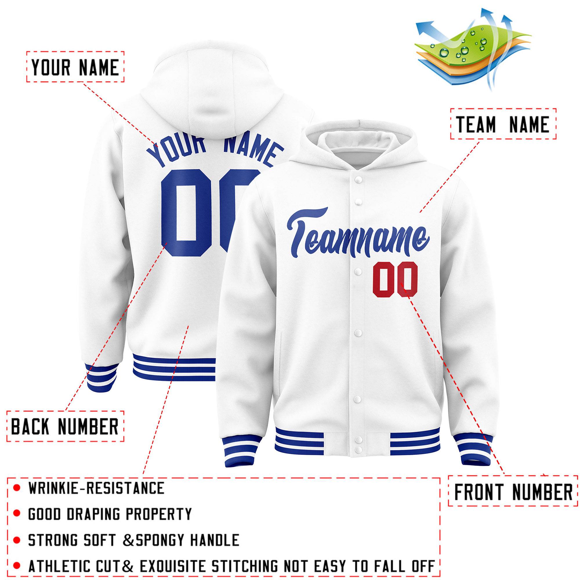 Custom White Royal Varsity Full-Snap Letterman Classic Jacket Hoodie| KXKSHOP