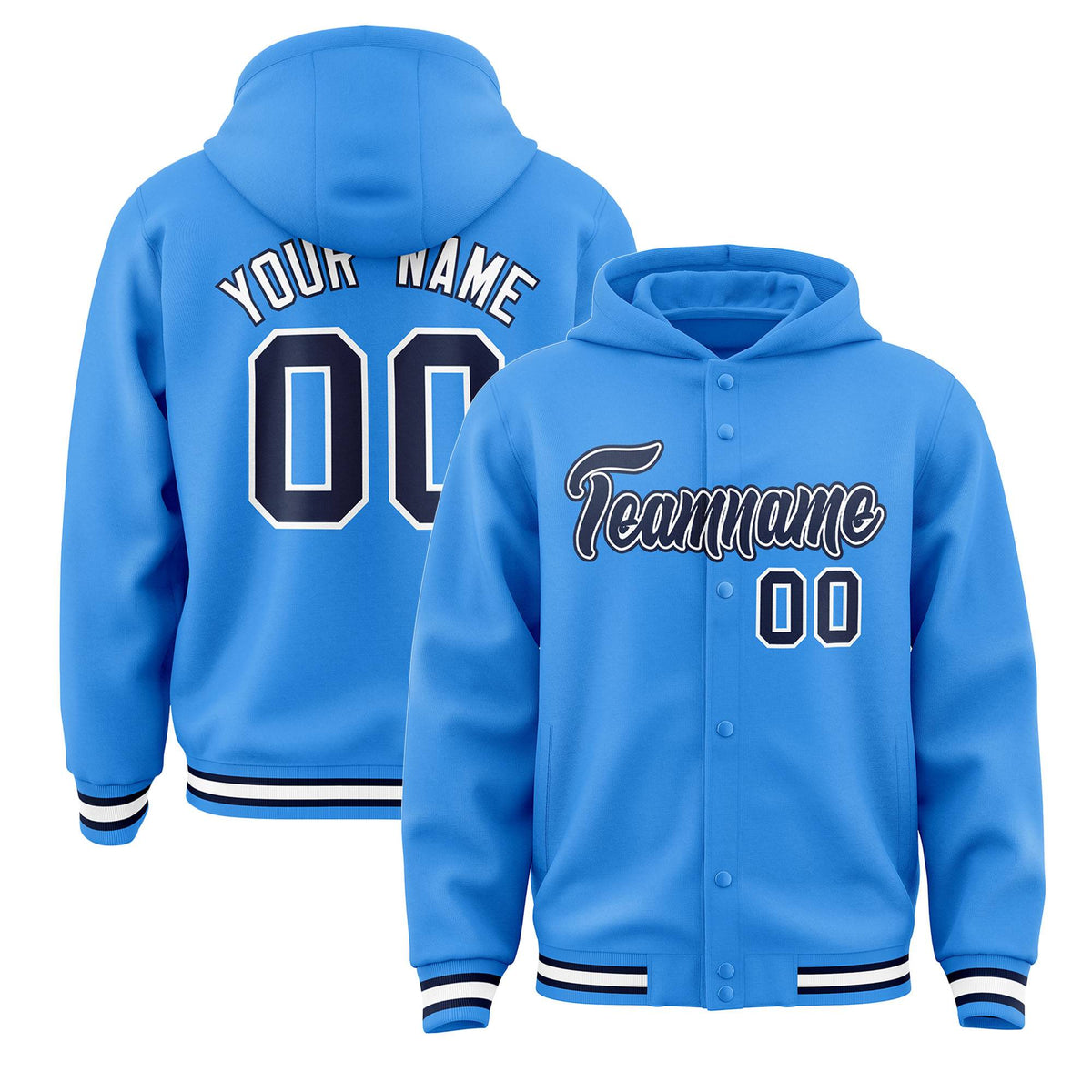 Custom Powder Blue Navy-White Varsity Full-Snap Letterman Classic Jacket Hoodie| KXKSHOP