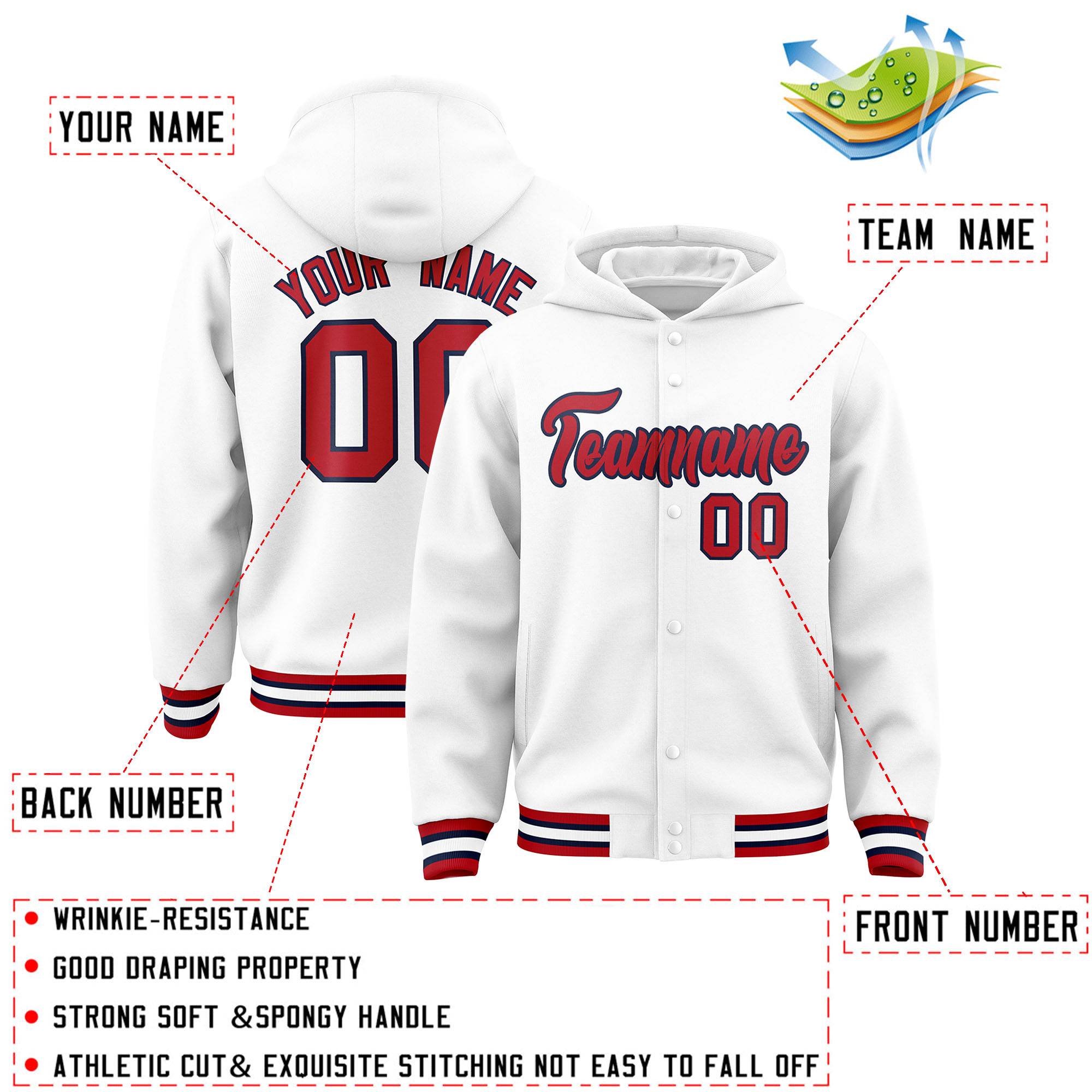 Custom White Red-Navy Varsity Full-Snap Letterman Classic Jacket Hoodie| KXKSHOP
