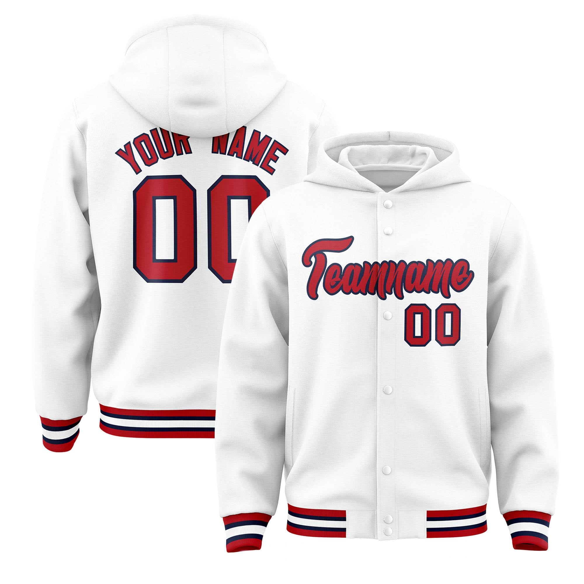 Custom White Red-Navy Varsity Full-Snap Letterman Classic Jacket Hoodie| KXKSHOP