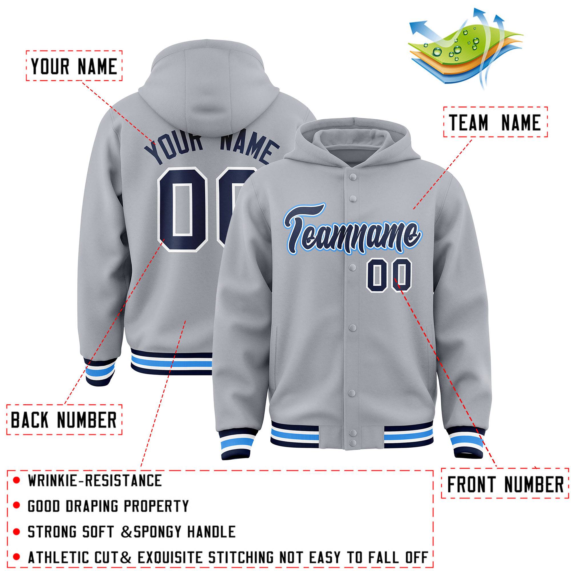 Custom Gray Navy-White Varsity Full-Snap Letterman Classic Jacket Hoodie| KXKSHOP