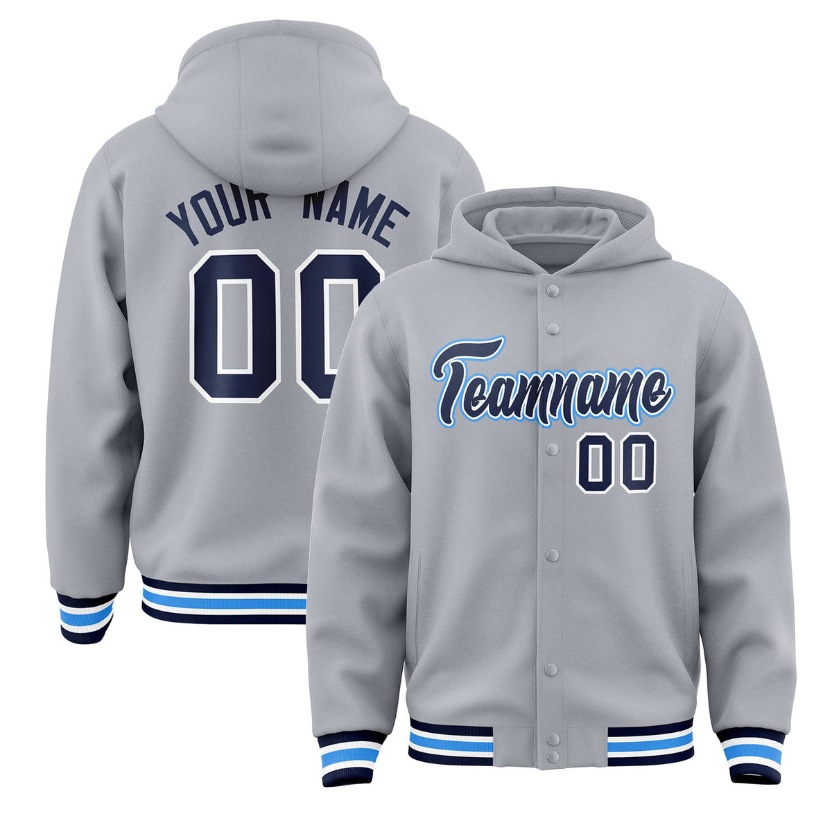 Custom Gray Navy-White Varsity Full-Snap Letterman Classic Jacket Hoodie| KXKSHOP
