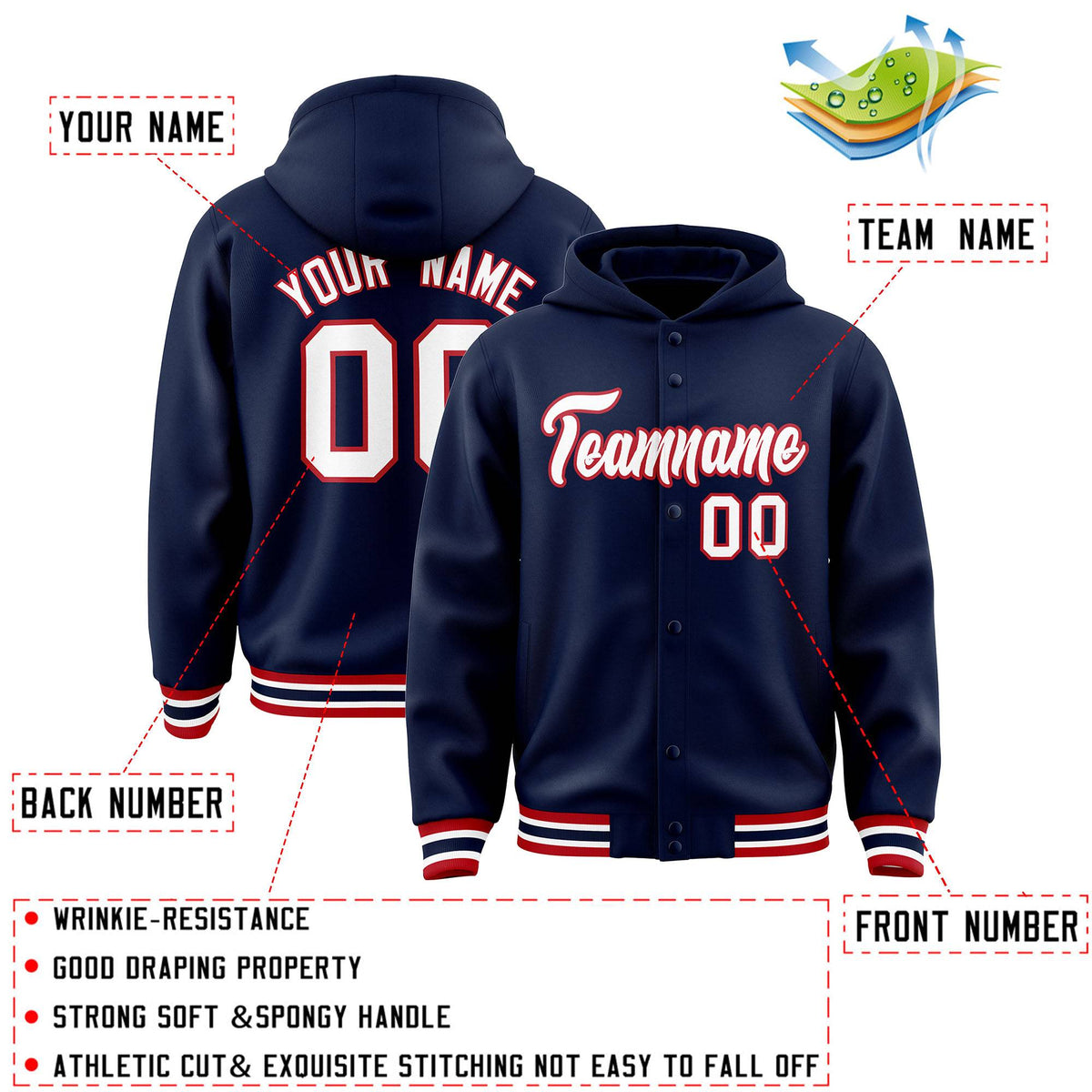 Custom Navy White-Red Varsity Full-Snap Letterman Classic Jacket Hoodie| KXKSHOP