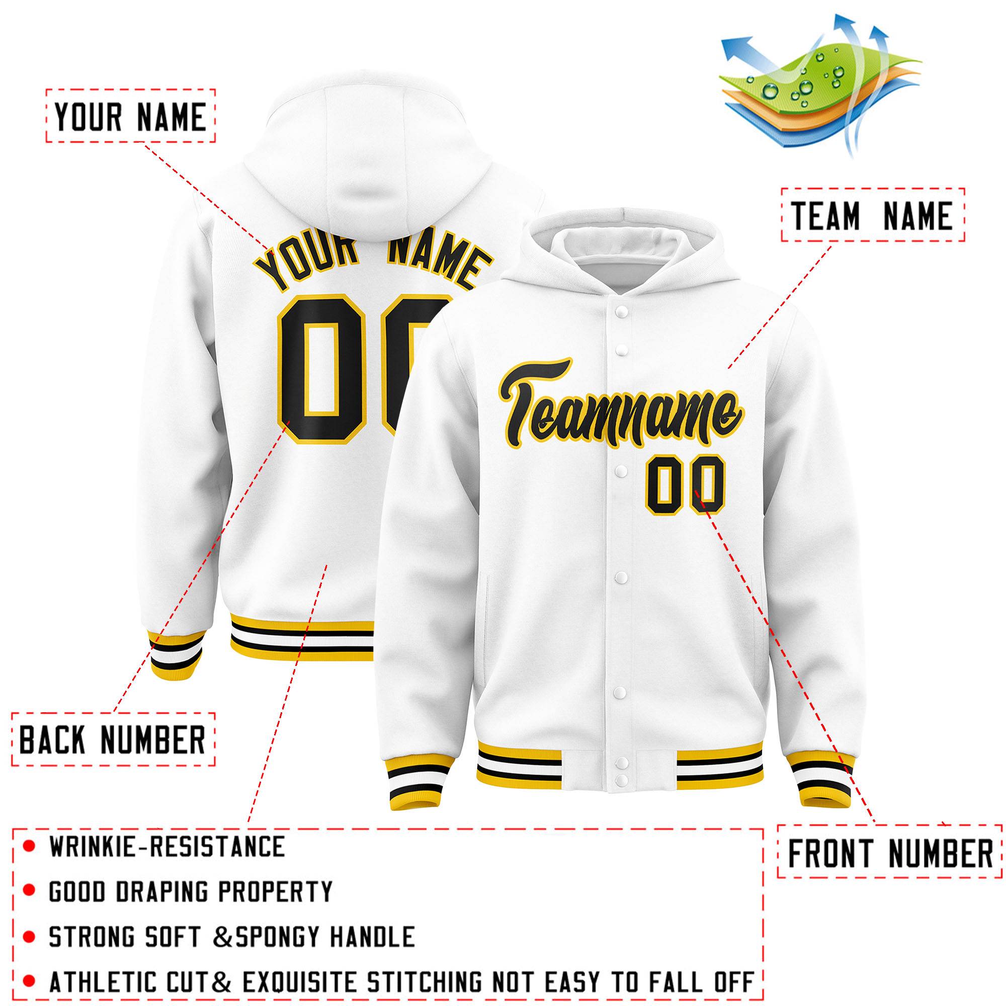 Custom White Black-Gold Varsity Full-Snap Letterman Classic Jacket Hoodie| KXKSHOP