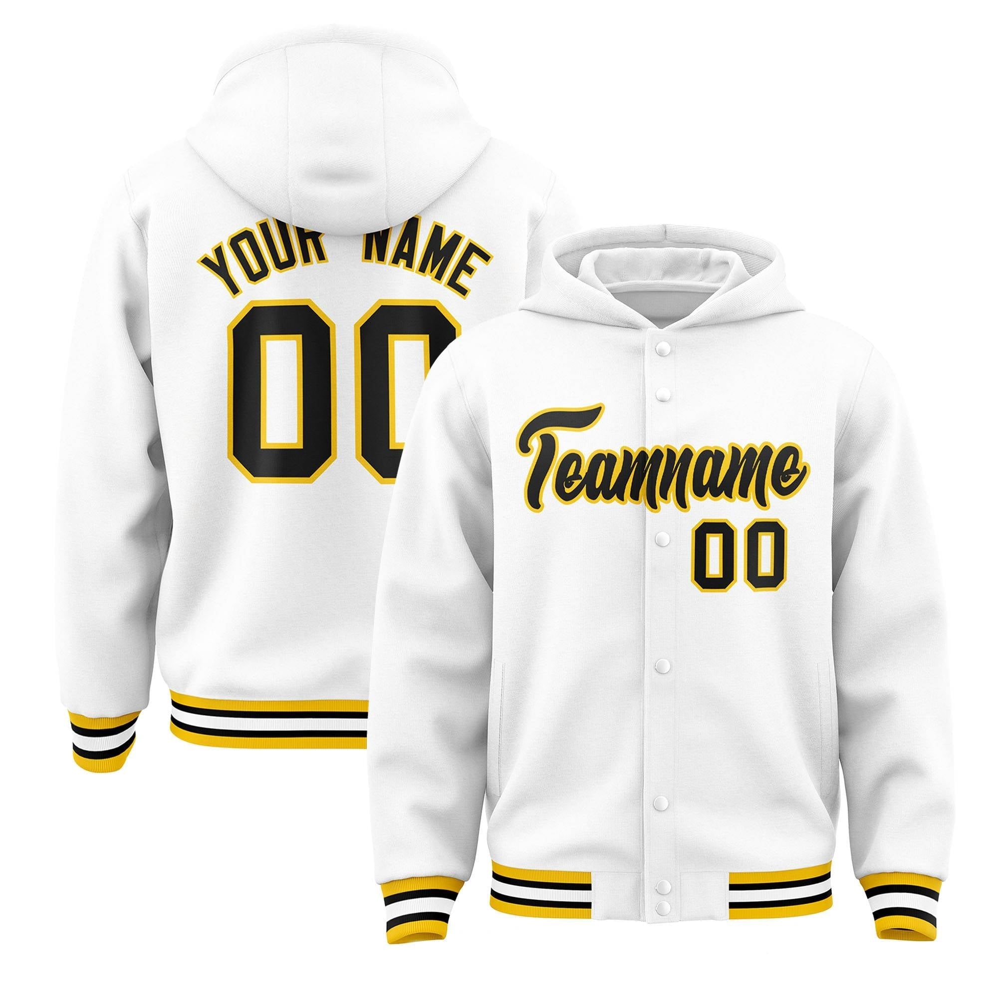 Custom White Black-Gold Varsity Full-Snap Letterman Classic Jacket Hoodie| KXKSHOP