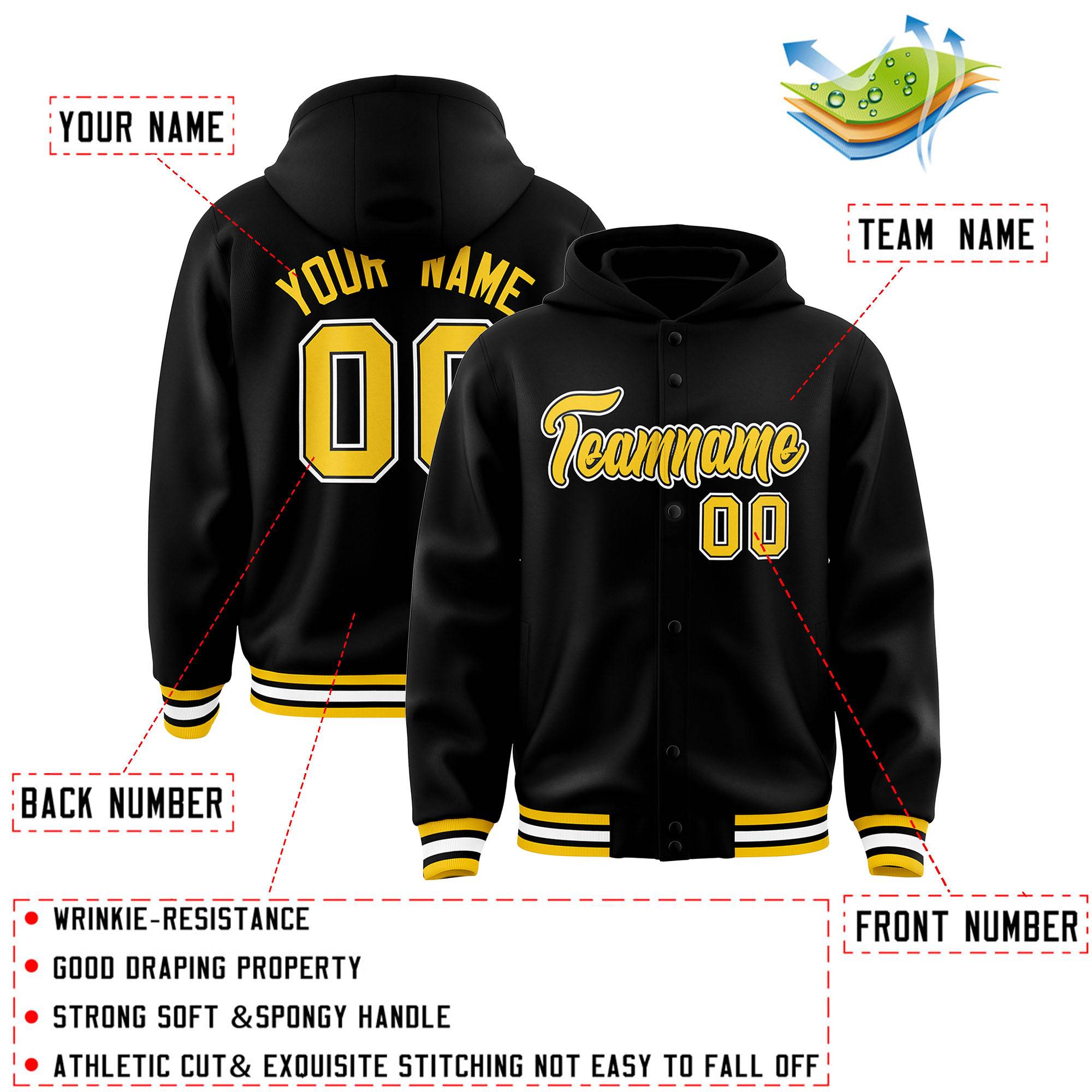 Custom Black Gold-Black Varsity Full-Snap Letterman Classic Jacket Hoodie| KXKSHOP