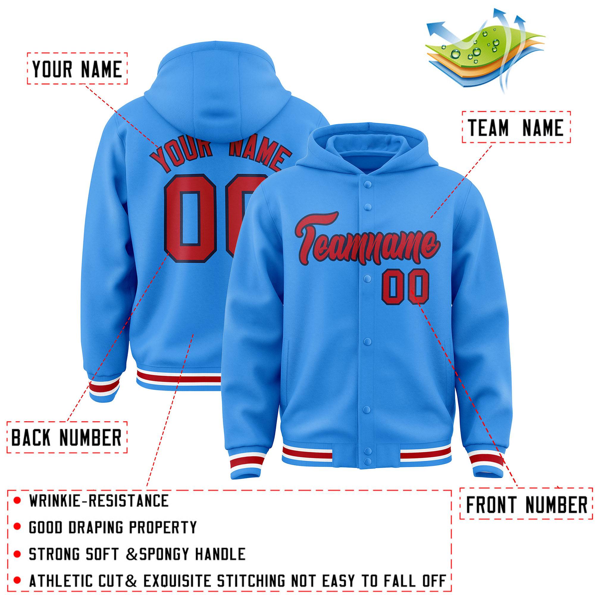 Custom Powder Blue Red-Navy Varsity Full-Snap Letterman Classic Jacket Hoodie| KXKSHOP