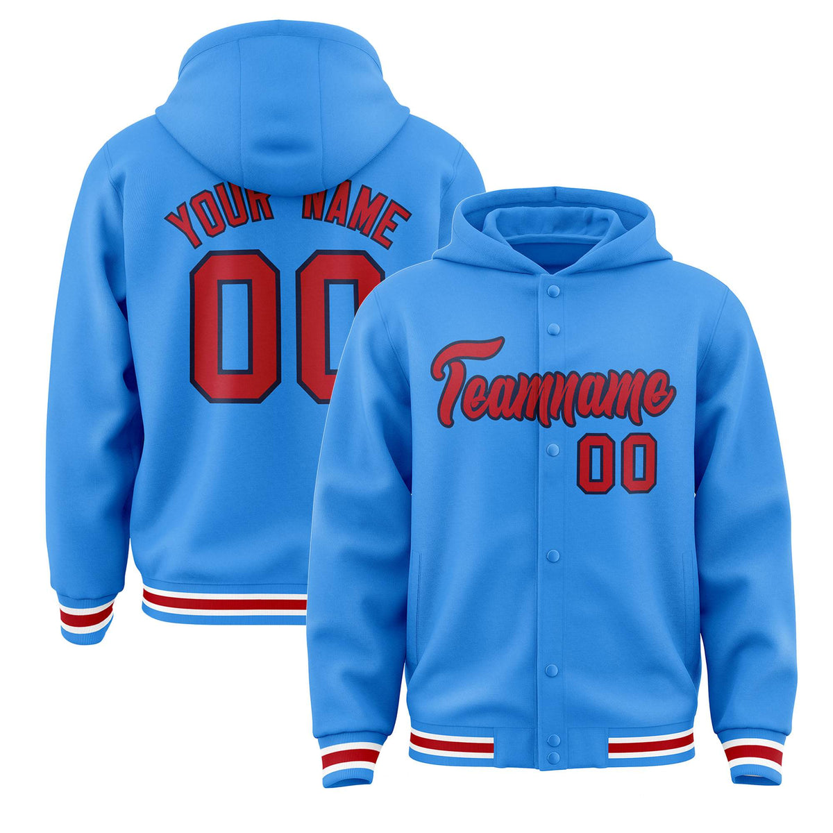 Custom Powder Blue Red-Navy Varsity Full-Snap Letterman Classic Jacket Hoodie| KXKSHOP