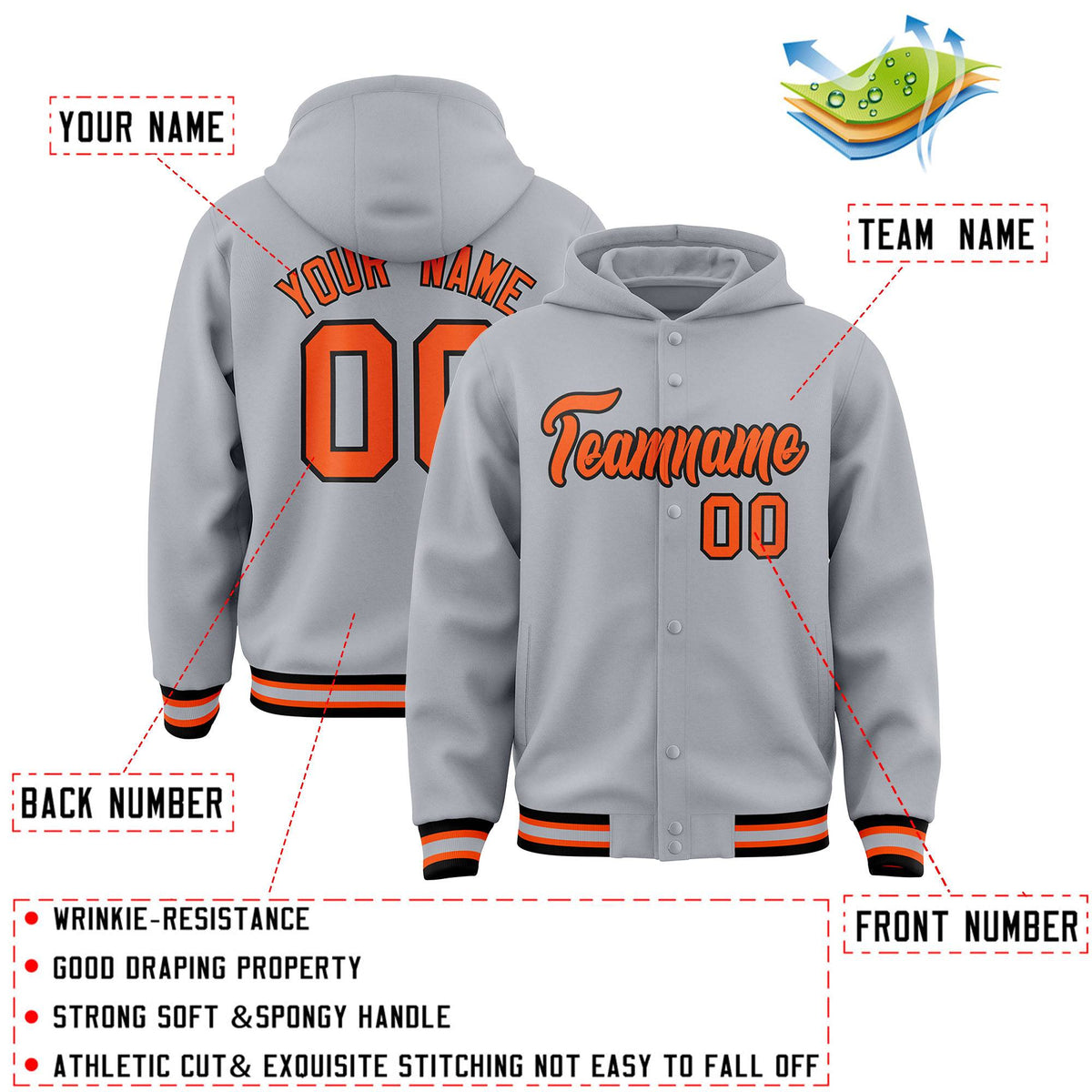 Custom Gray Orange-Black Varsity Full-Snap Letterman Classic Jacket Hoodie| KXKSHOP