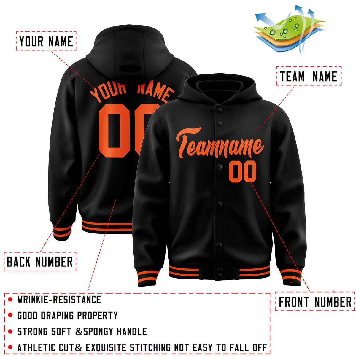 Custom Black Orange Varsity Full-Snap Letterman Classic Jacket Hoodie| KXKSHOP