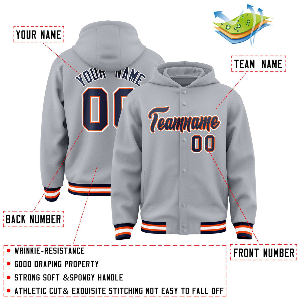 Custom Gray Navy-Orange Varsity Full-Snap Letterman Classic Jacket Hoodie| KXKSHOP