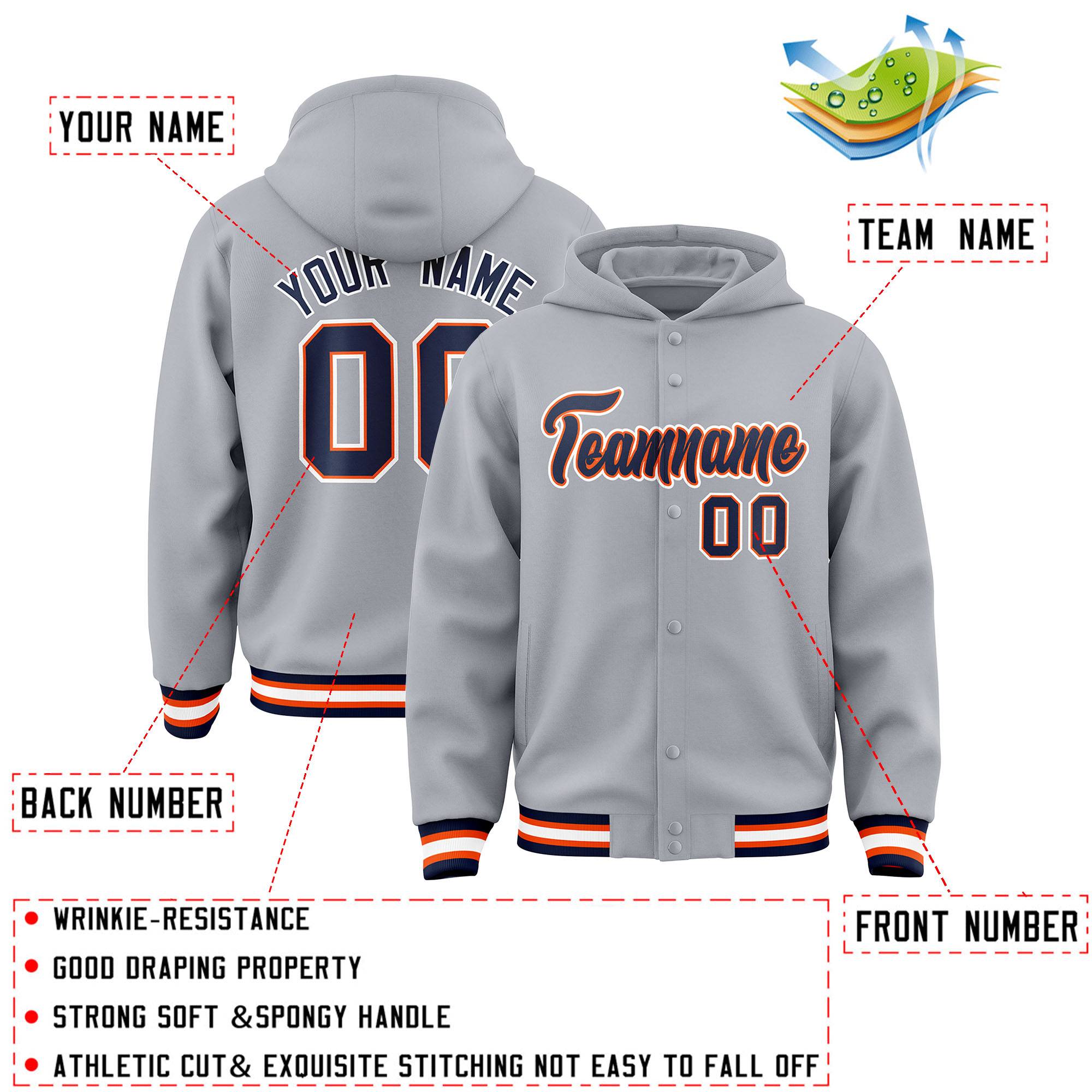 Custom Gray Navy-Orange Varsity Full-Snap Letterman Classic Jacket Hoodie| KXKSHOP
