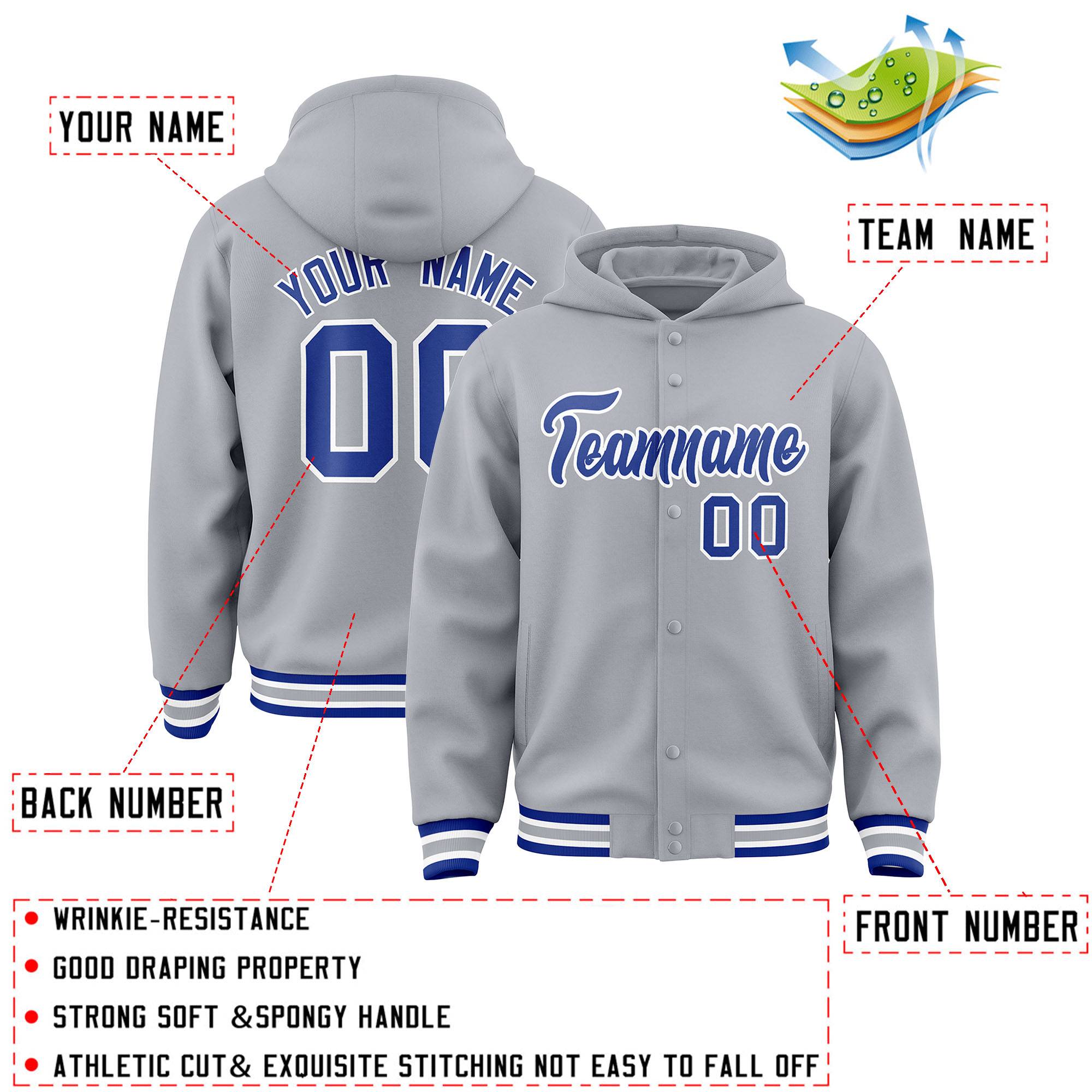 Custom Gray Royal-White Varsity Full-Snap Letterman Classic Jacket Hoodie| KXKSHOP